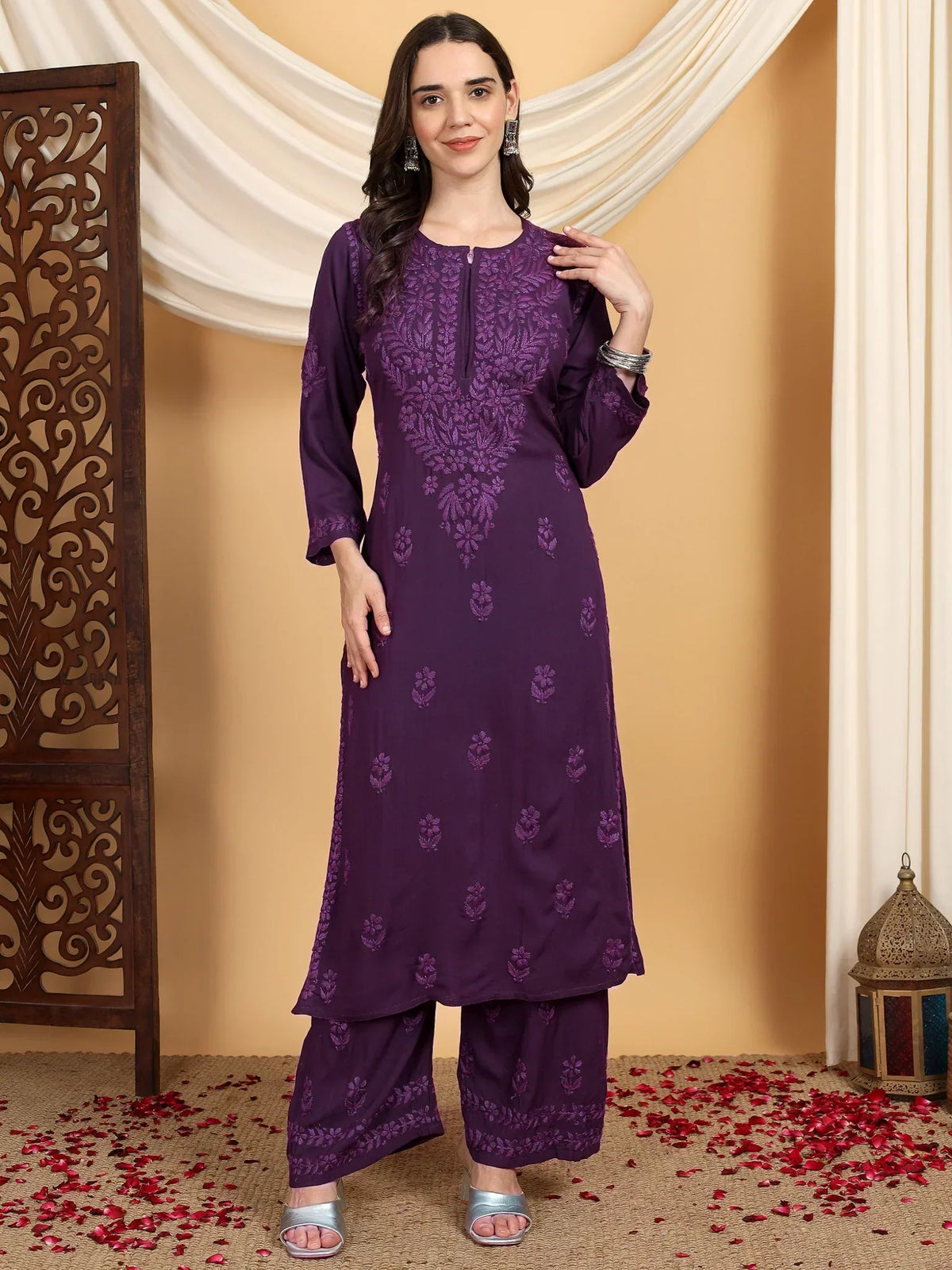Faiza Chikankari Rayon Co-ord Set (Mauve)