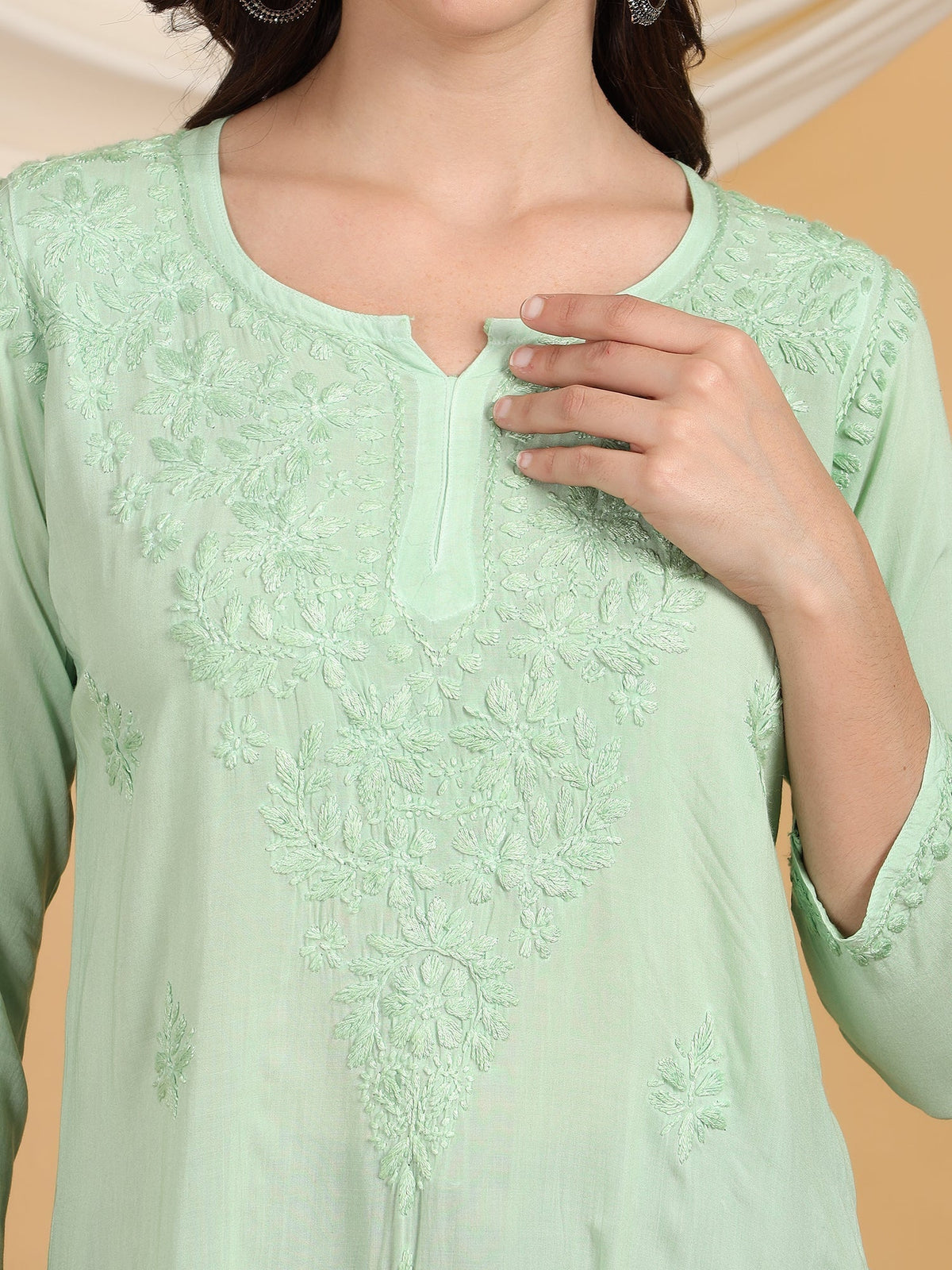 Misha Chikankari Modal Short Kurti (Pista Green)