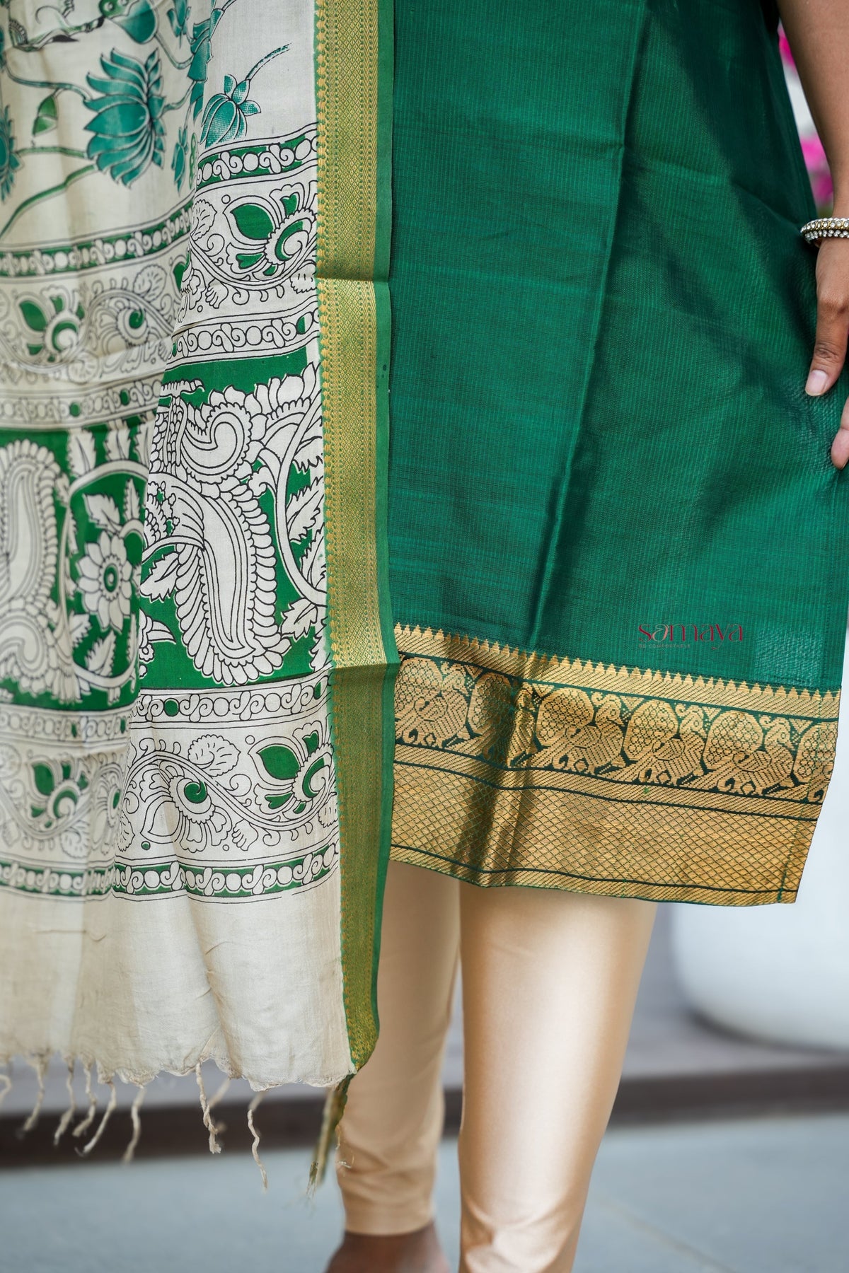 Mangalgiri Green Narayanapet silk top with kalamkari hand painted duppatta set of 2 ( ready to dispatch)