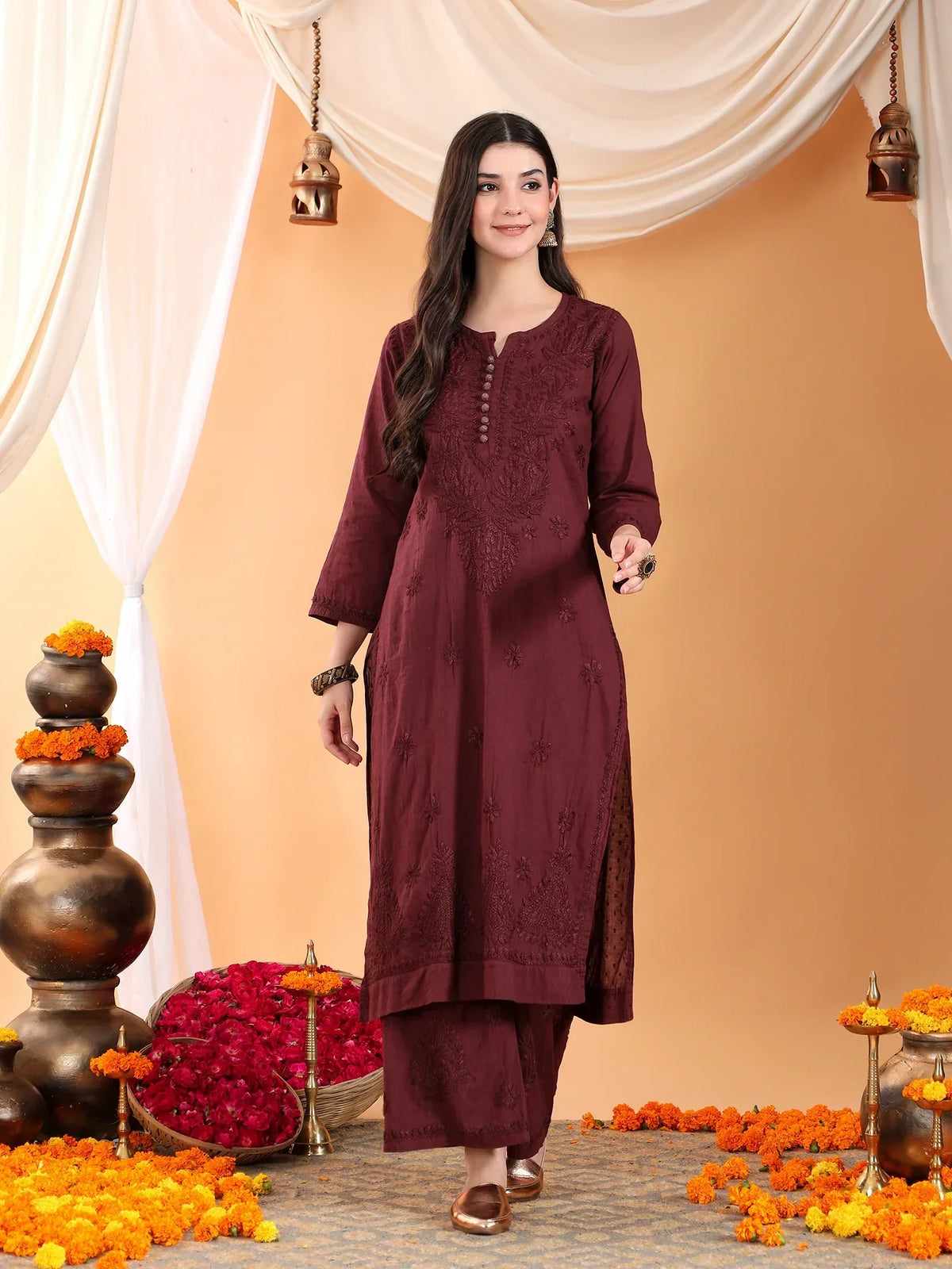 Priya Chikankari Kurta Palazzo Cotton Co-ord Set (Brown)