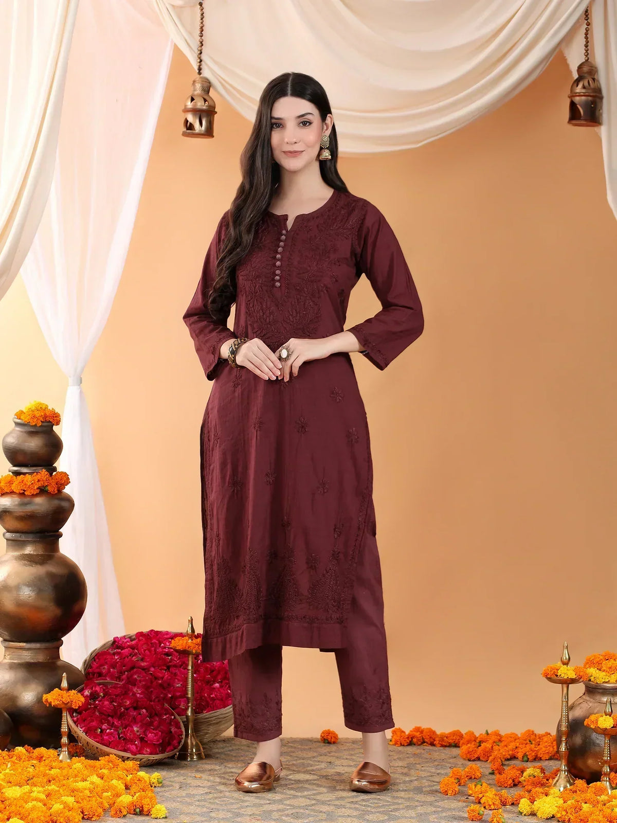 Ananya Chikankari Kurta Pant Cotton Co-ord Set (Brown)