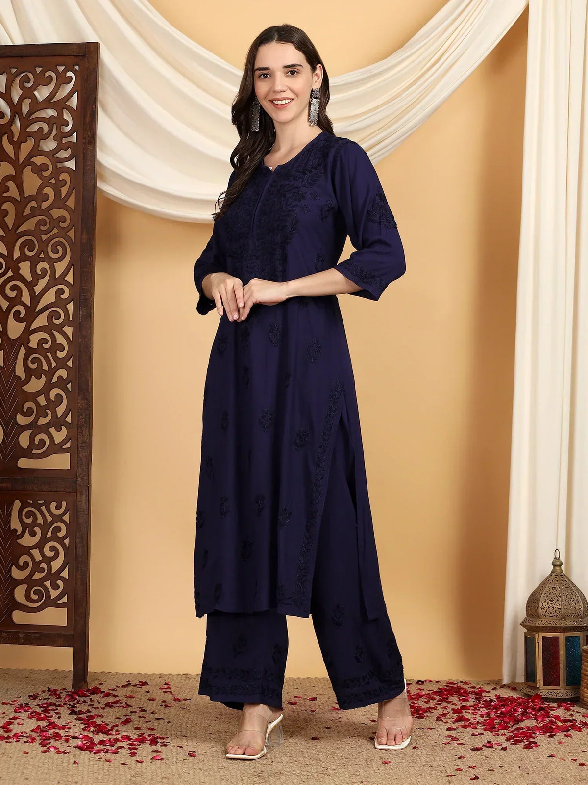 Faiza Chikankari Rayon Co-ord Set (Navy)