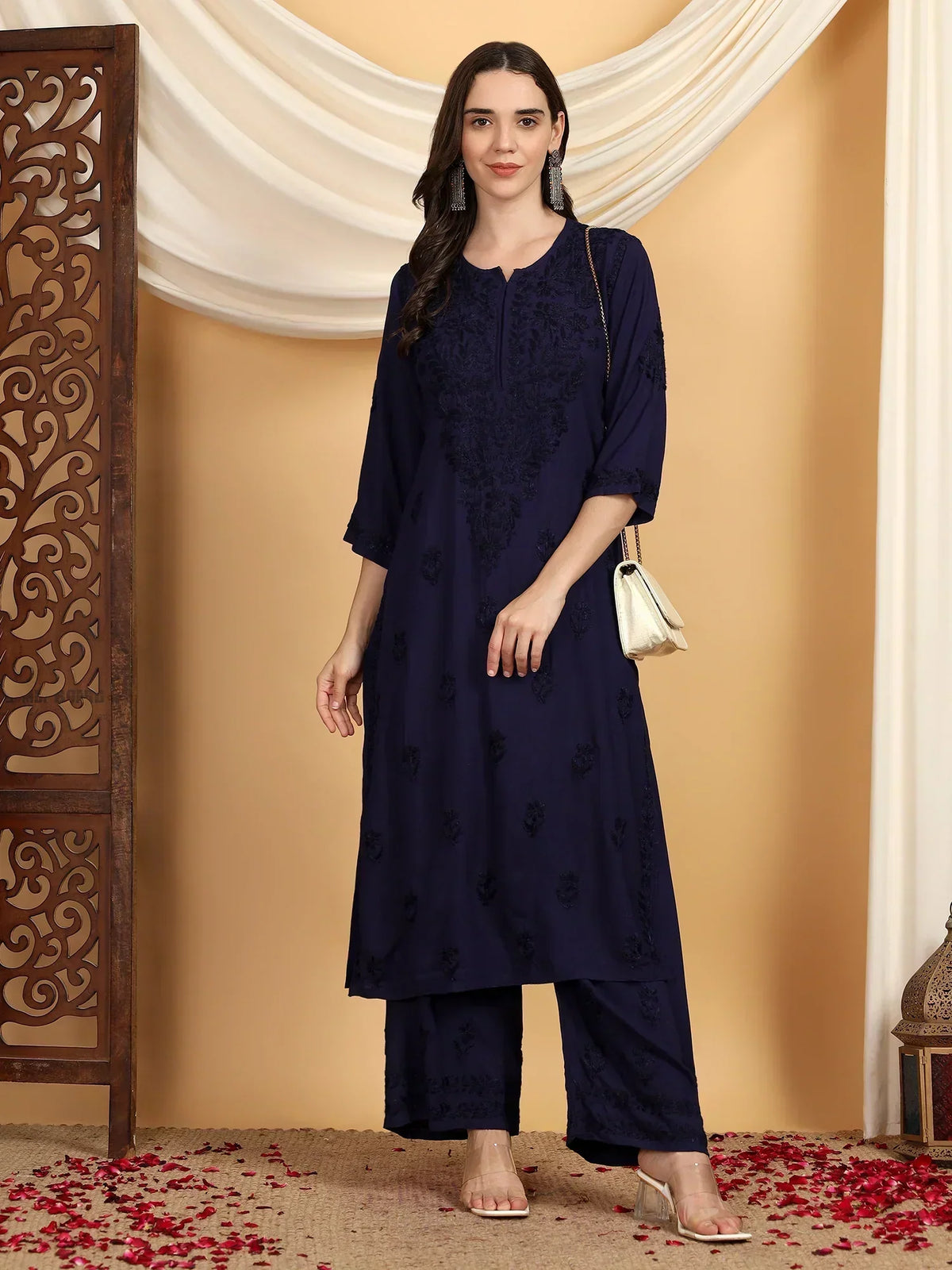 Faiza Chikankari Rayon Co-ord Set (Navy)
