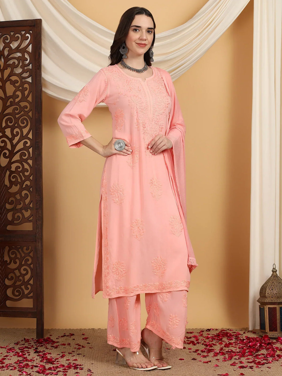 Farha Chikankari Premium Modal Co-ord Set (Peach)