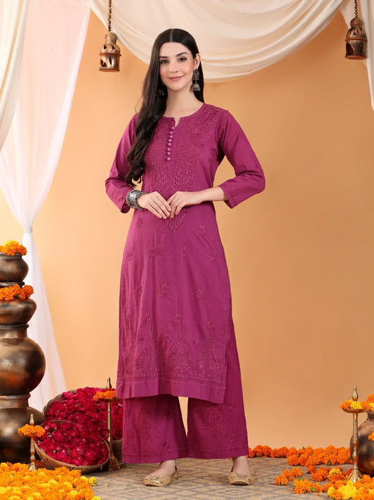 Priya Chikankari Kurta Palazzo Cotton Co-ord Set (Wine)