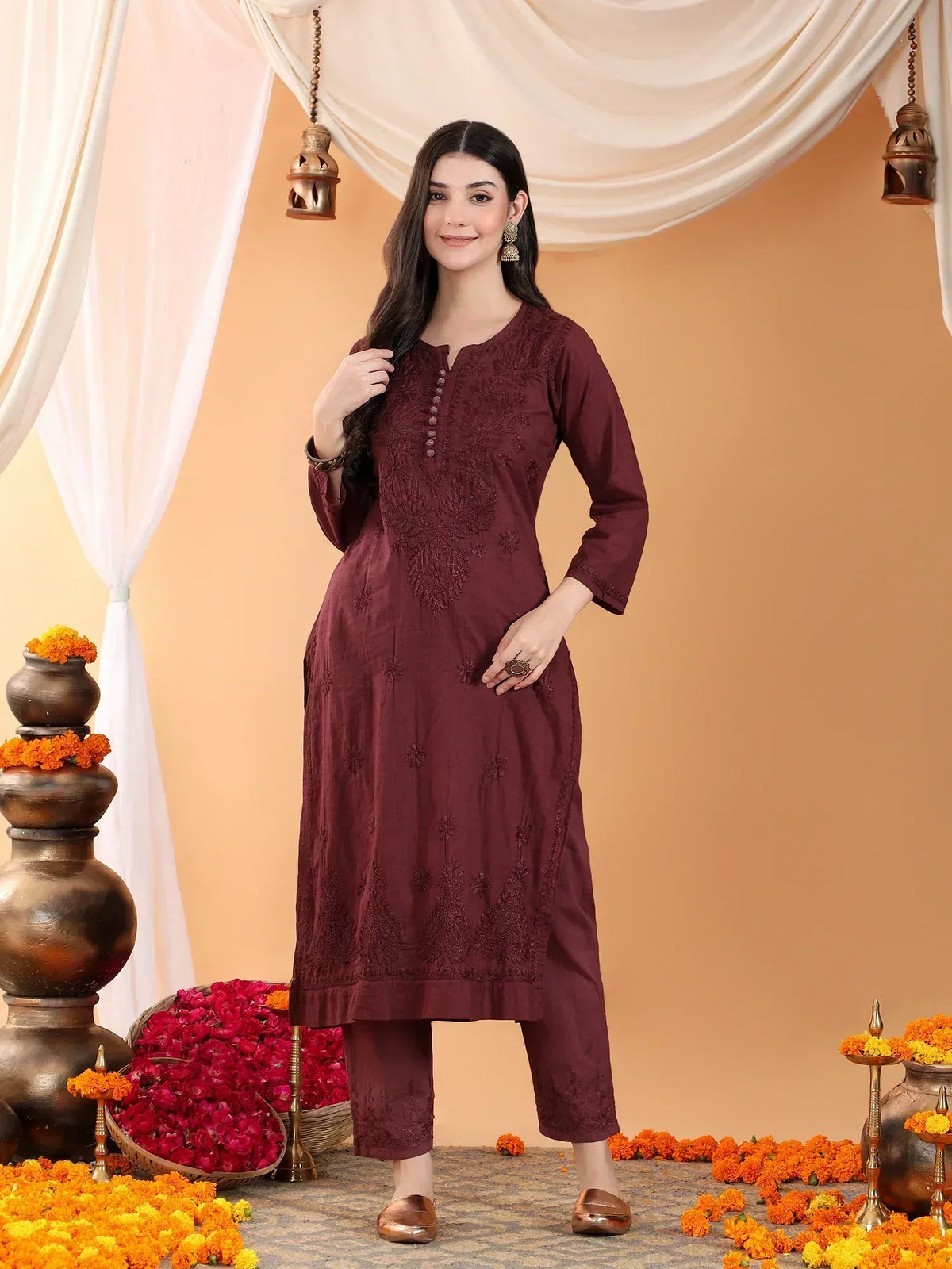 Ananya Chikankari Kurta Pant Cotton Co-ord Set (Brown)