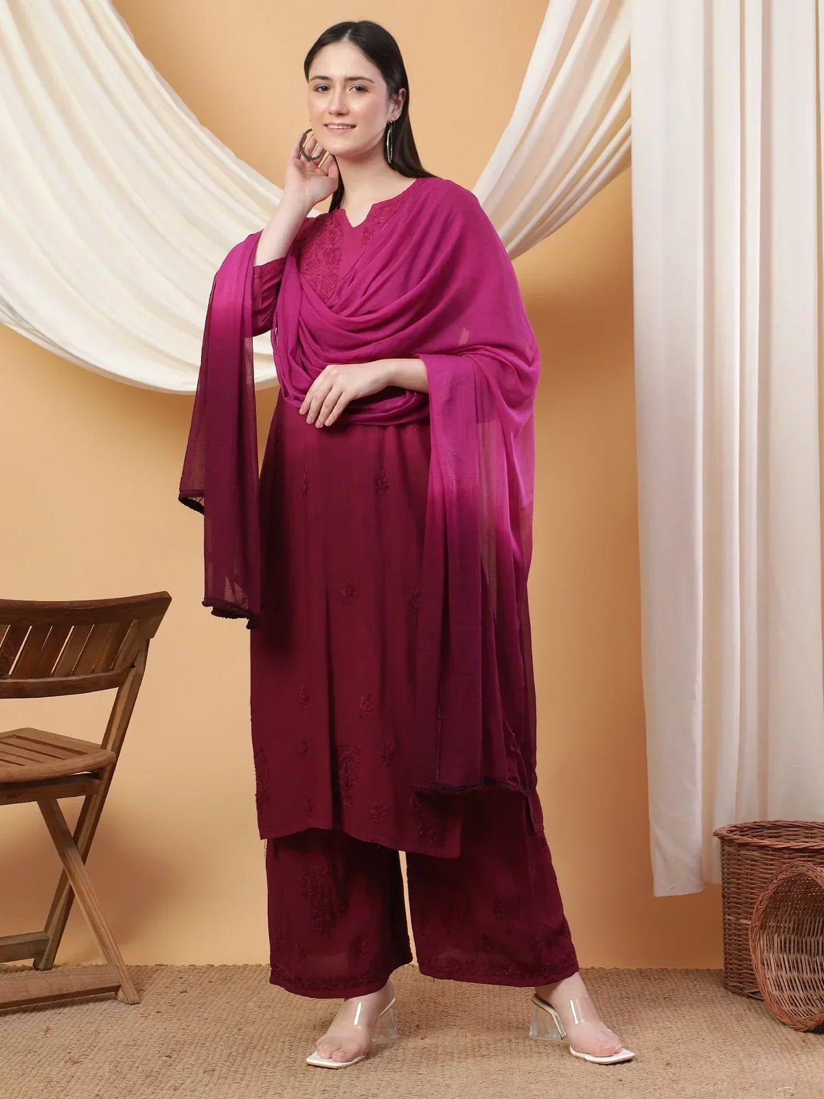 Meher Chikankari Ombre Rayon Co-ord Set (Wine)