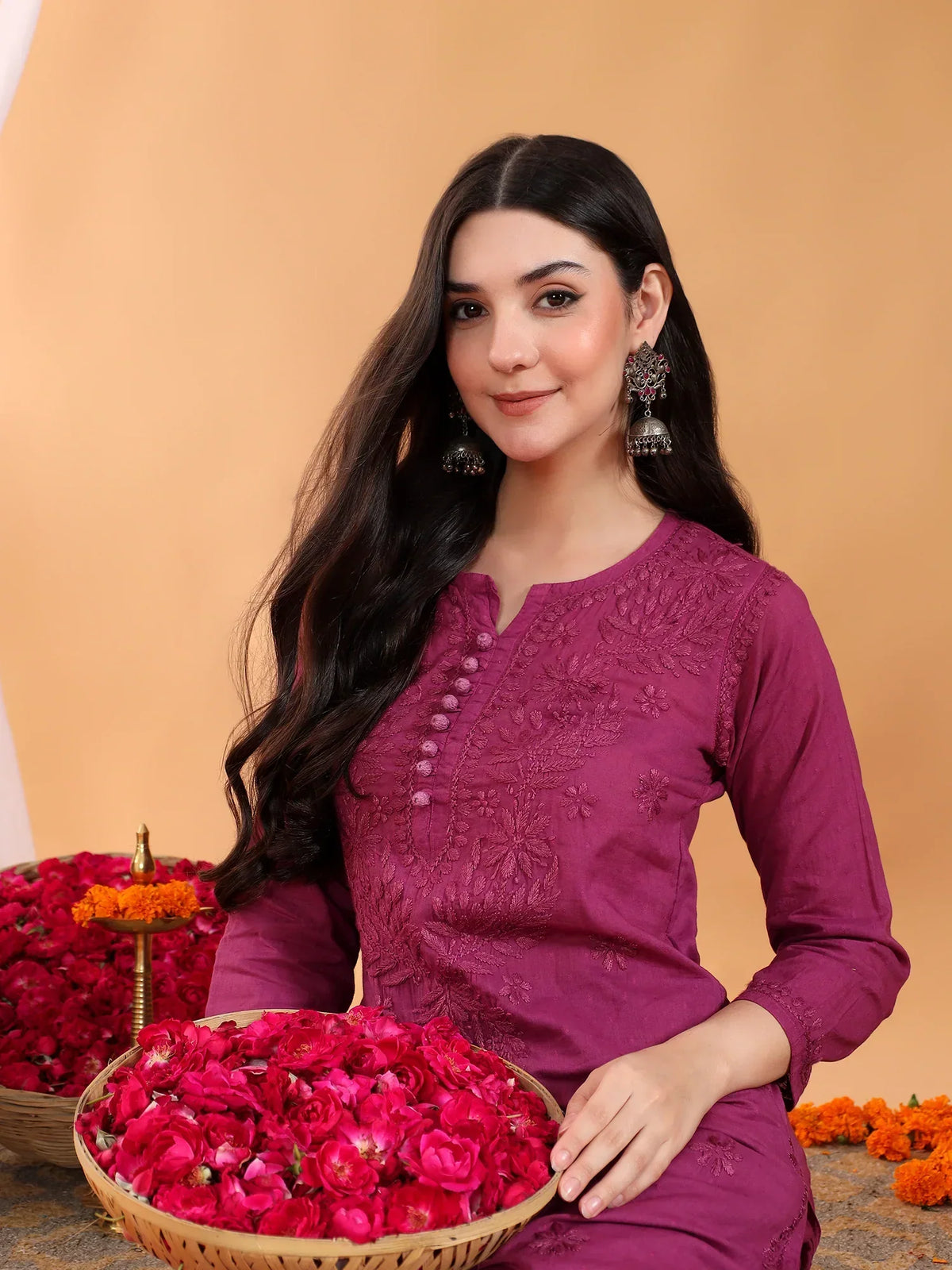 Priya Chikankari Kurta Palazzo Cotton Co-ord Set (Wine)