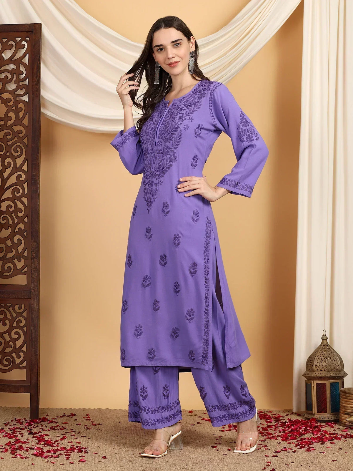Faiza Chikankari Rayon Co-ord Set (Purple)