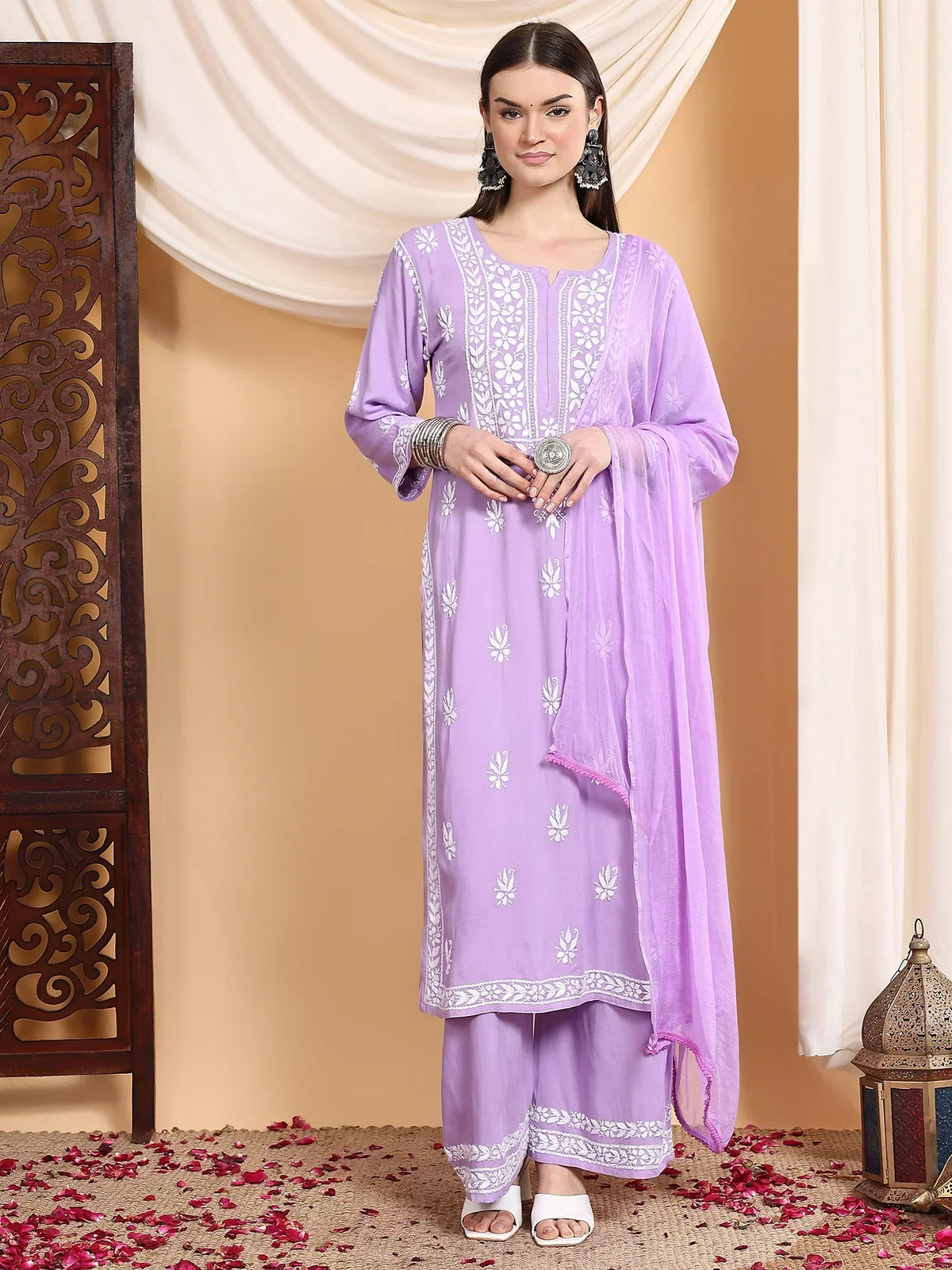 Haya Chikankari Rayon Co-ord Set (Lilac)