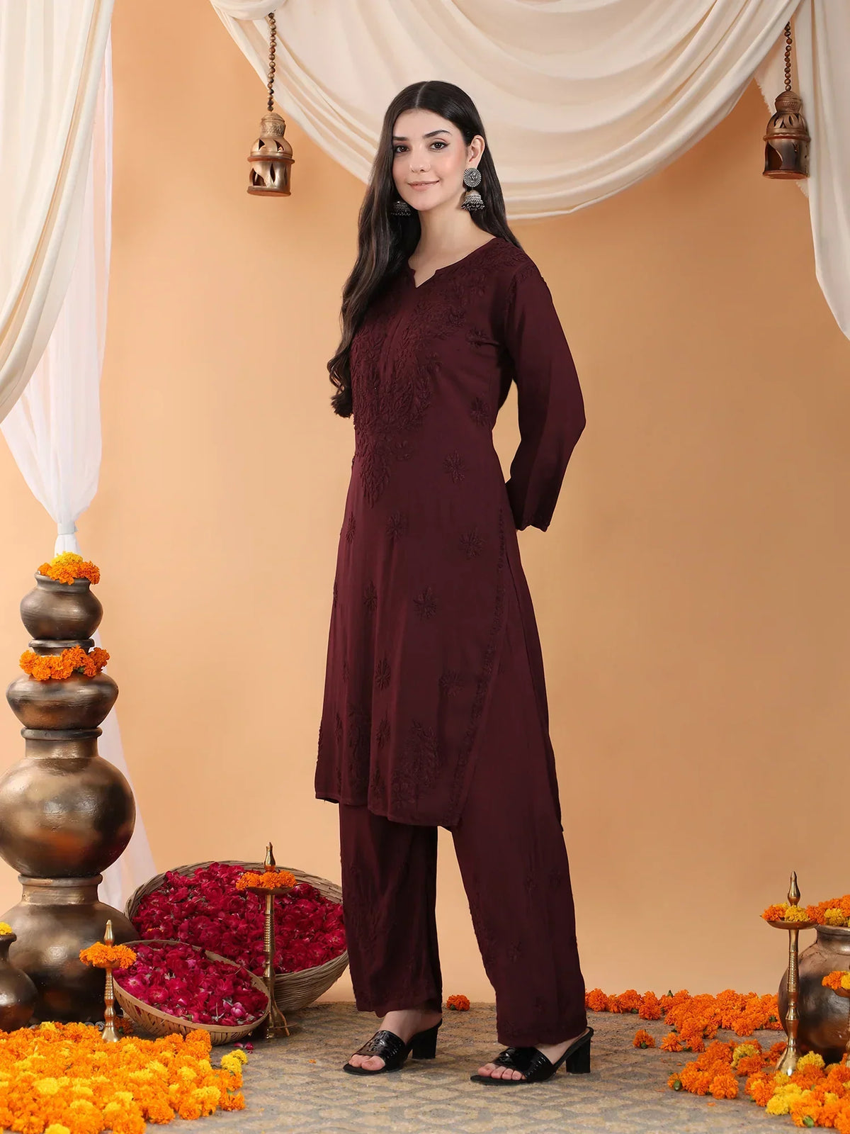 Maryam Chikankari Rayon Co-ord Set (Brown)