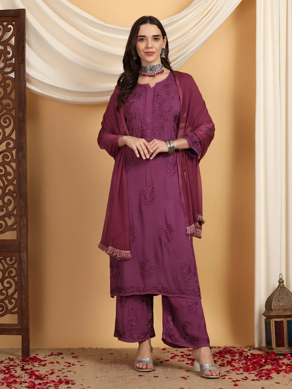 Farha Chikankari Premium Modal Co-ord Set (Wine)