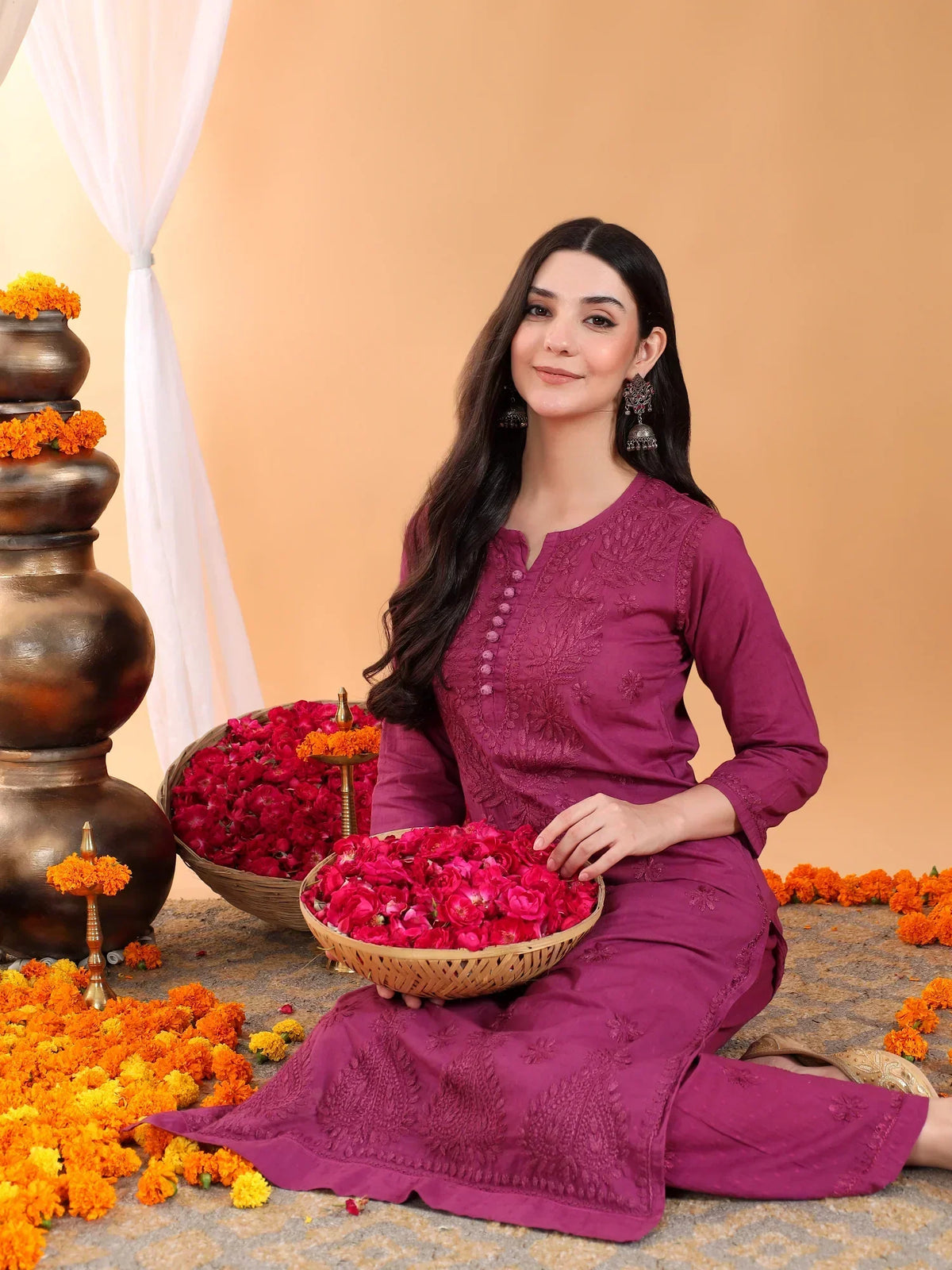 Priya Chikankari Kurta Palazzo Cotton Co-ord Set (Wine)