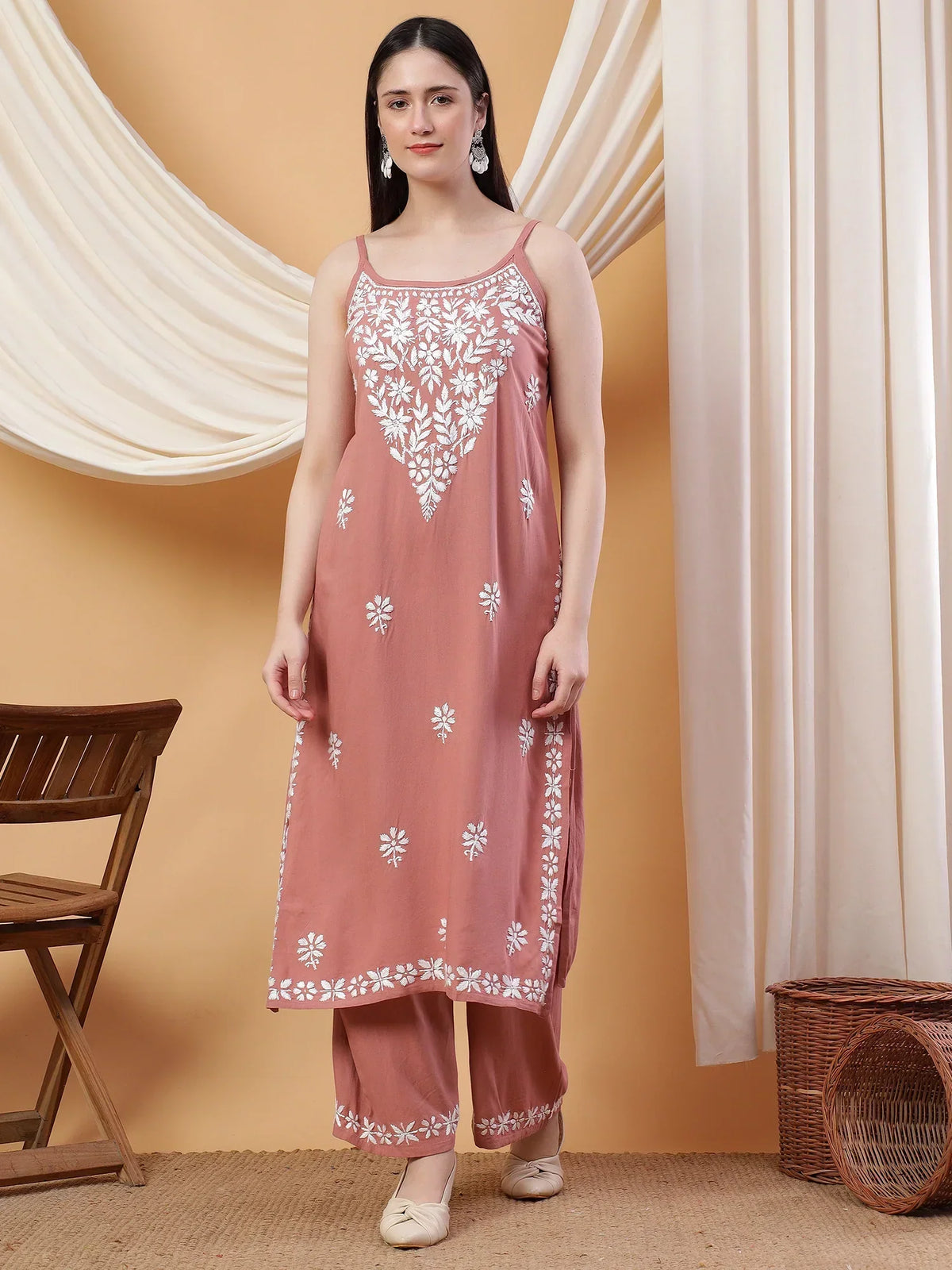 Raha Chikankari Strappy Rayon Co-ord Set (Nude Coral)