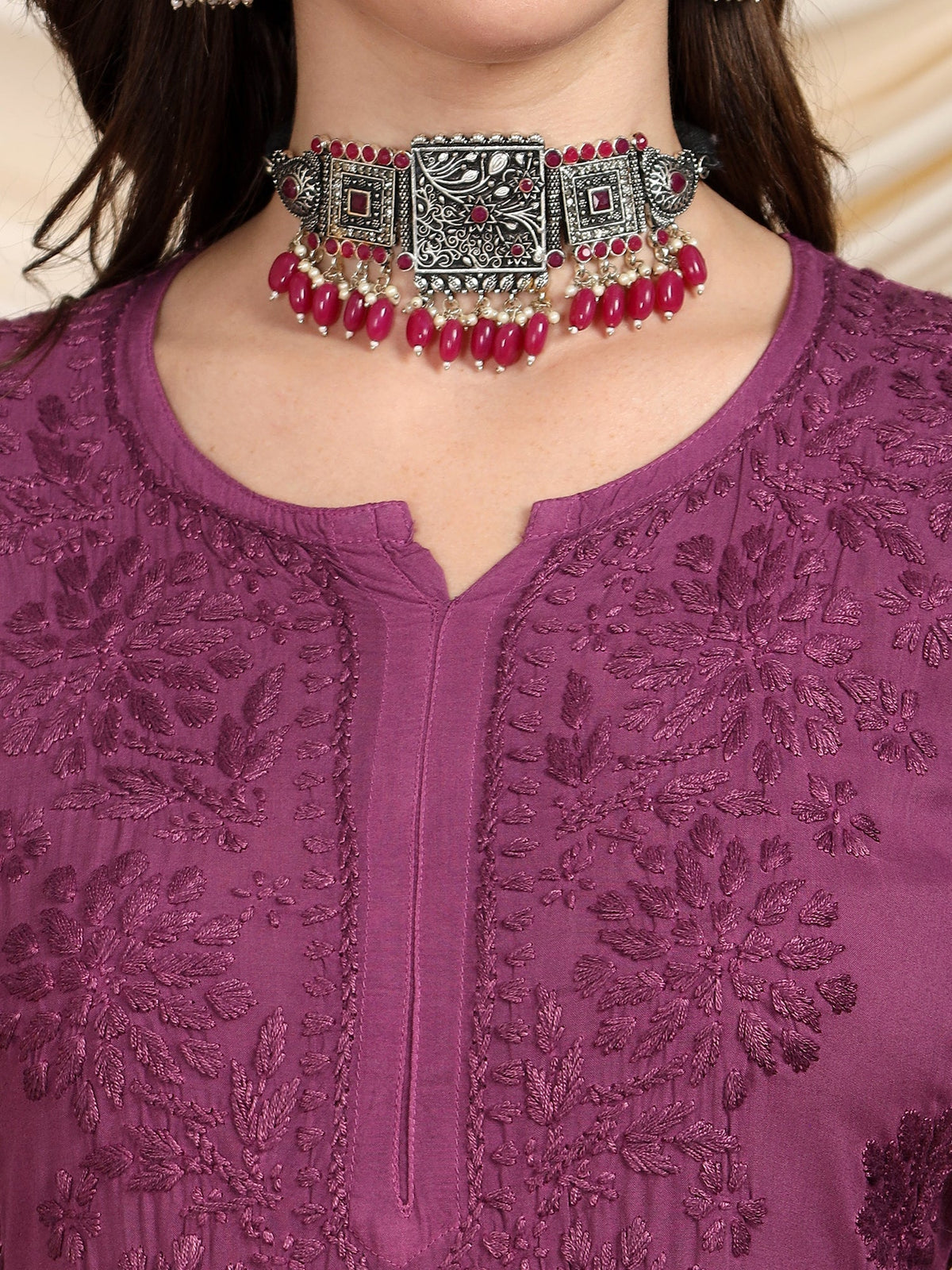 Farha Chikankari Premium Modal Co-ord Set (Wine)