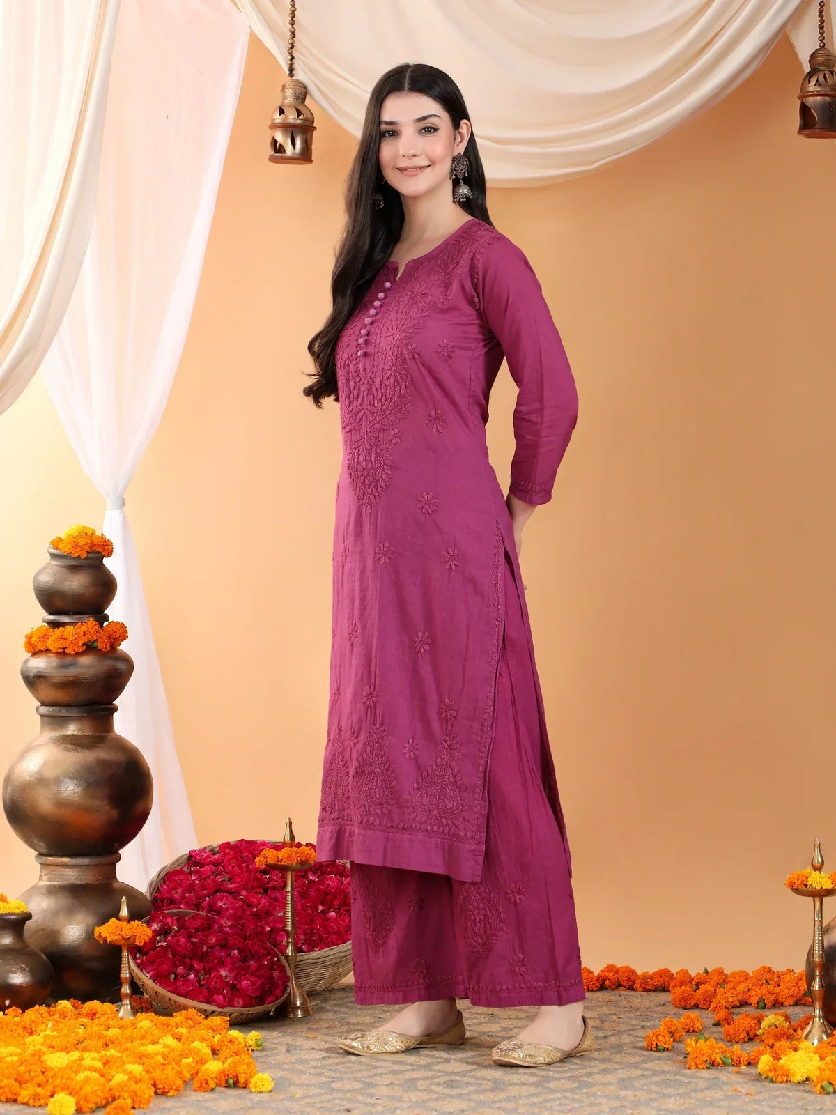 Priya Chikankari Kurta Palazzo Cotton Co-ord Set (Wine)
