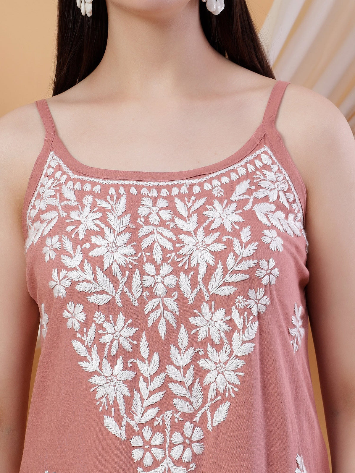 Raha Chikankari Strappy Rayon Co-ord Set (Nude Coral)