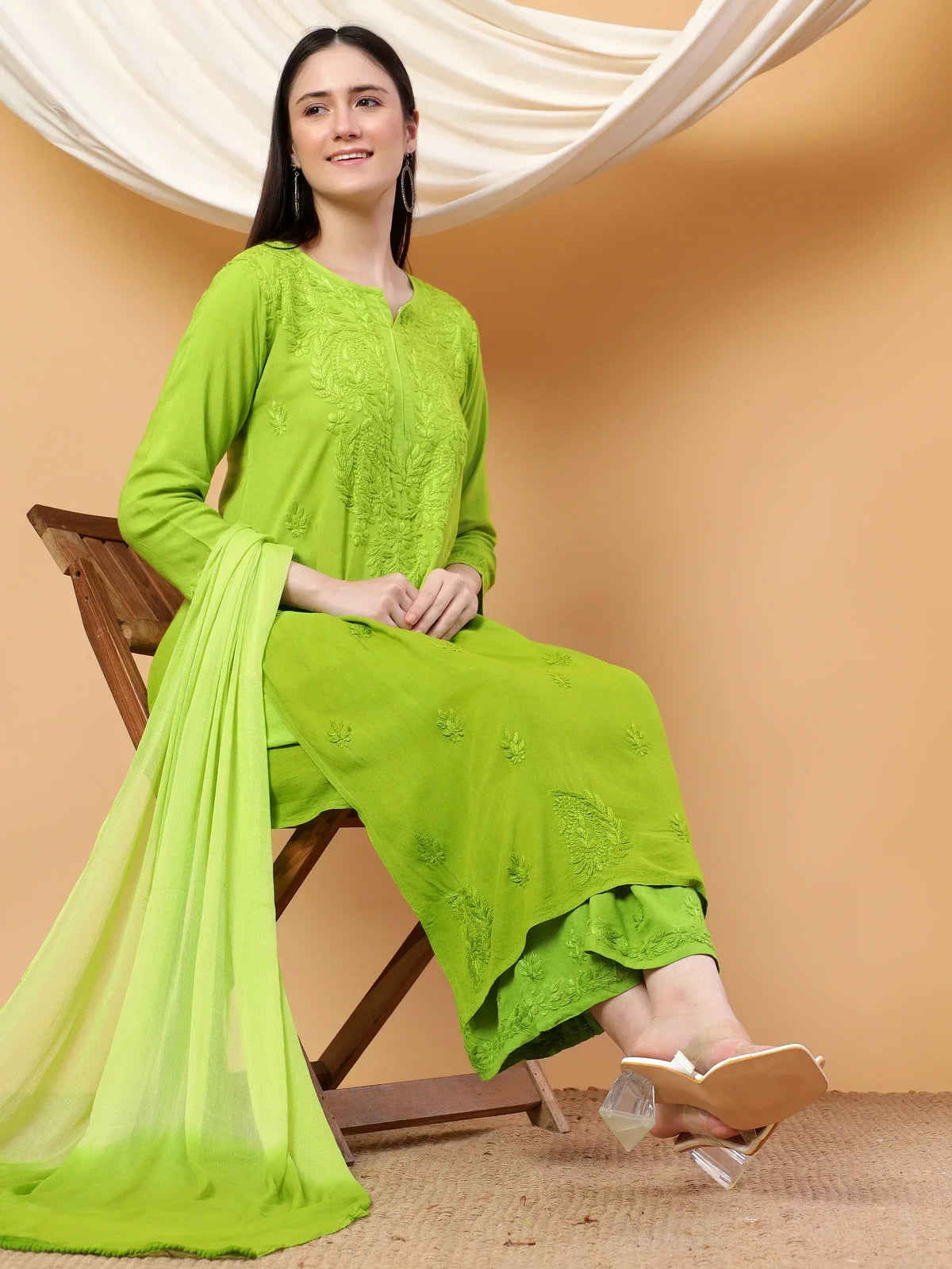 Meher Chikankari Ombre Rayon Co-ord Set (Green)