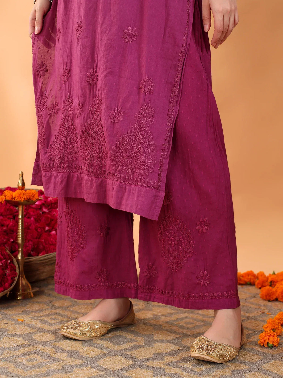 Priya Chikankari Kurta Palazzo Cotton Co-ord Set (Wine)
