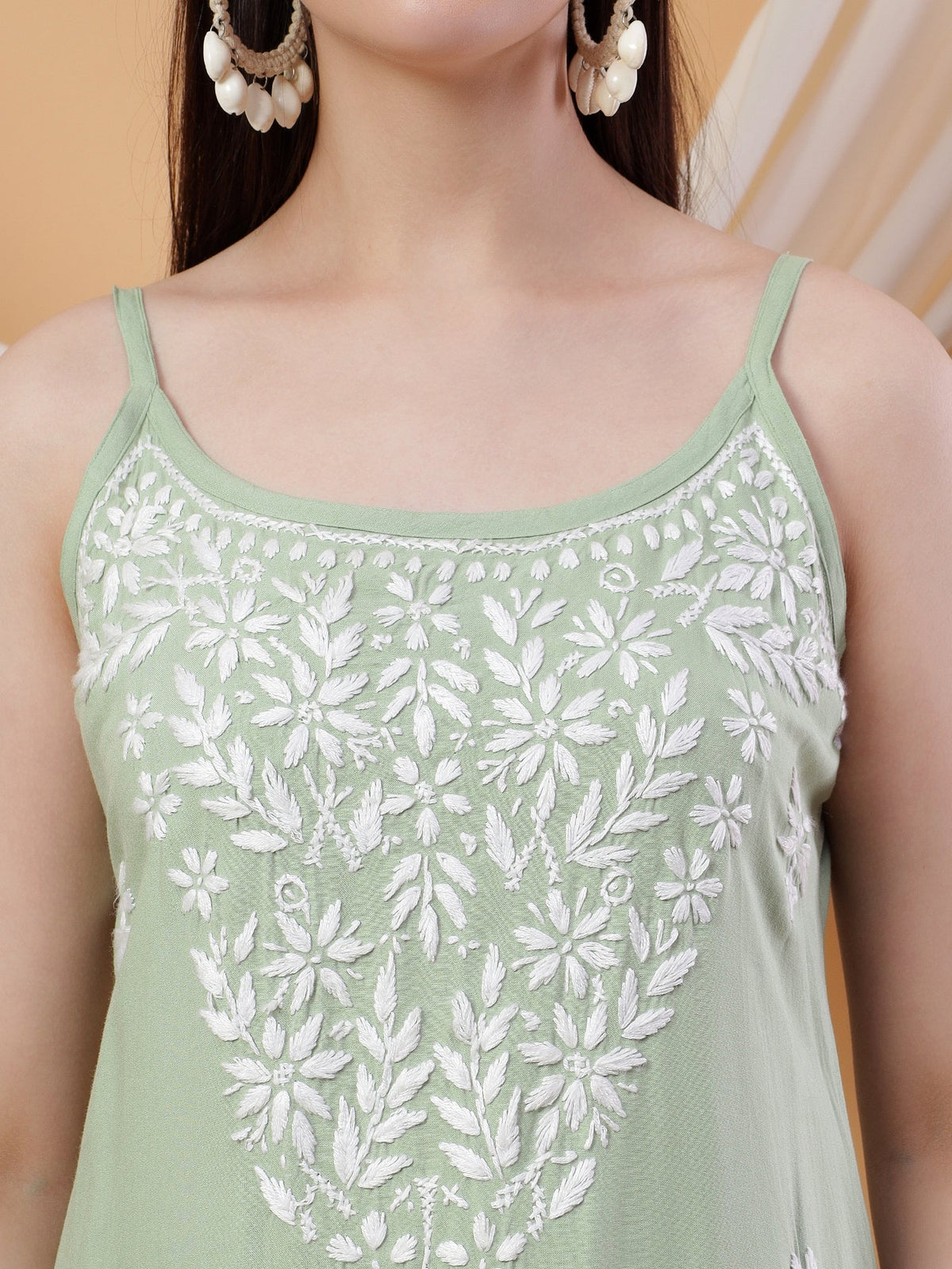 Raha Chikankari Strappy Rayon Co-ord Set (Pastel Green)