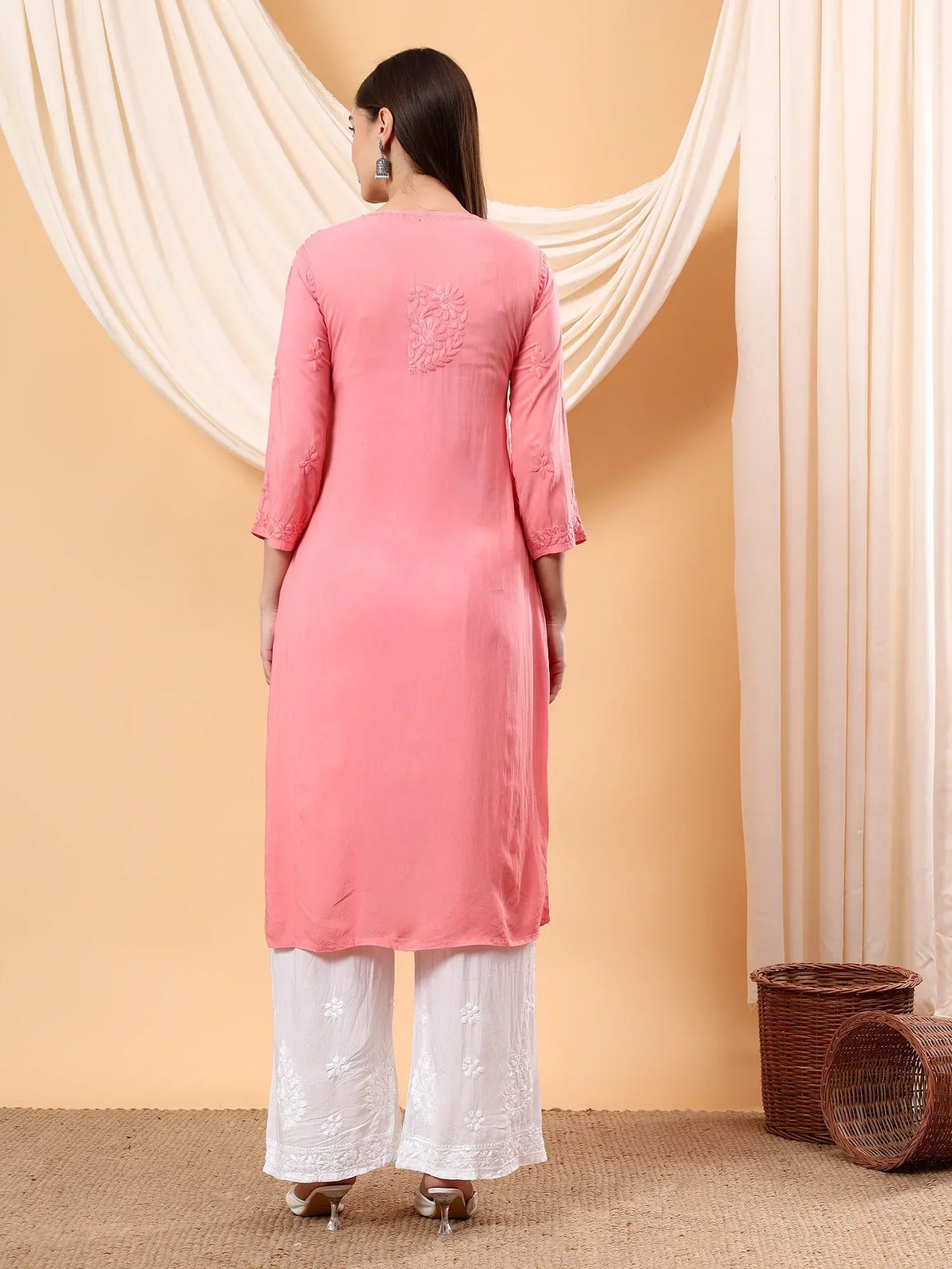 Alina Chikankari Modal Straight Kurta (Peach Pink)