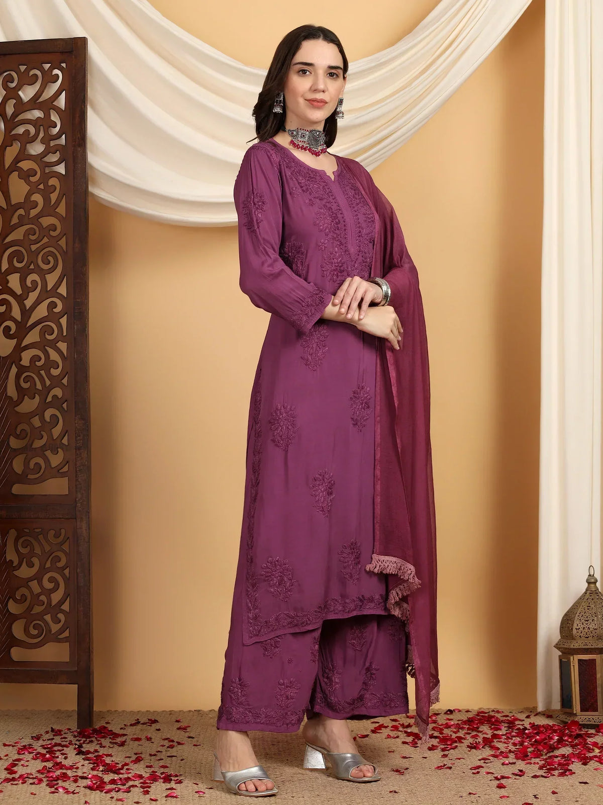 Farha Chikankari Premium Modal Co-ord Set (Wine)