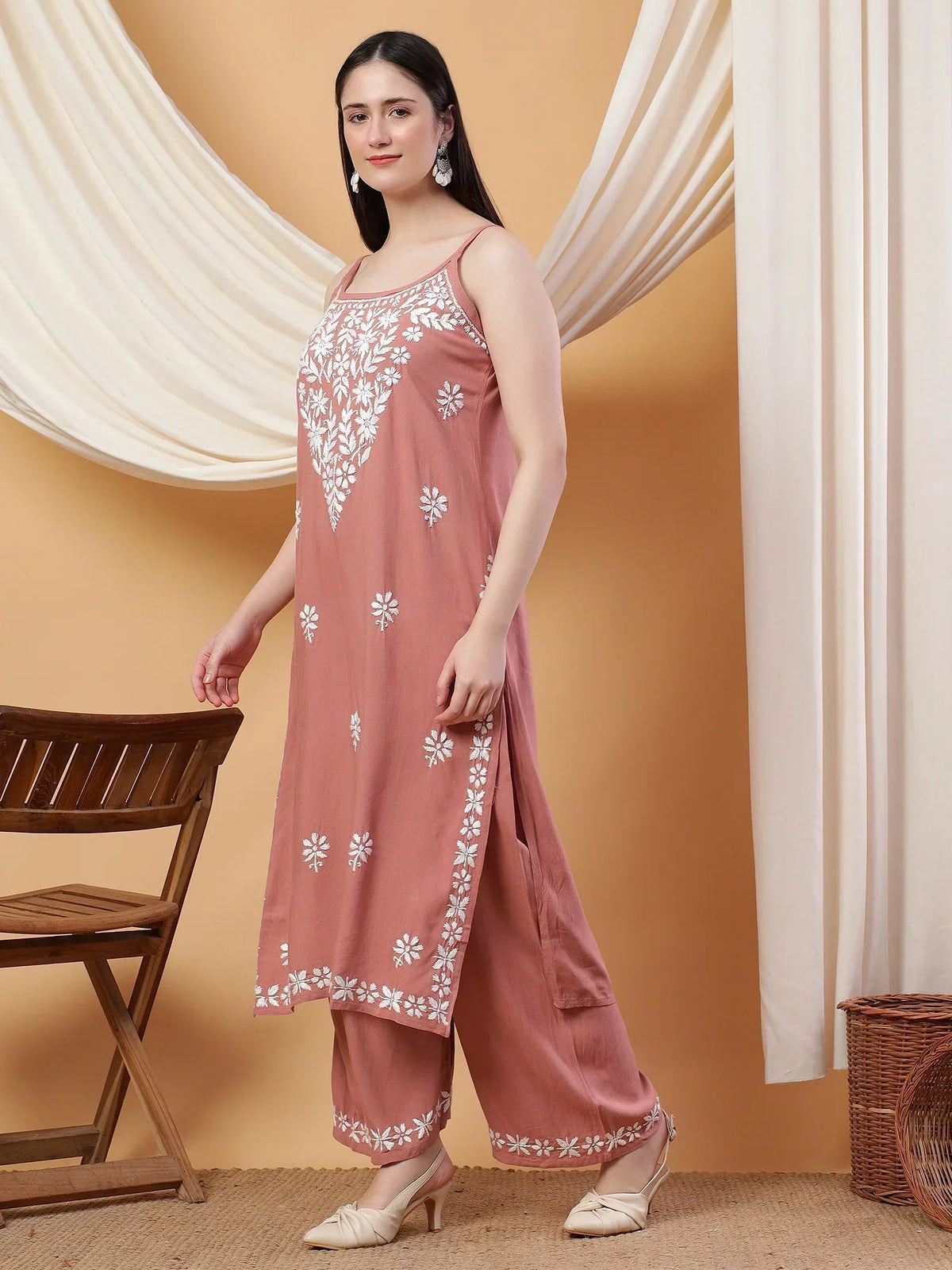 Raha Chikankari Strappy Rayon Co-ord Set (Nude Coral)