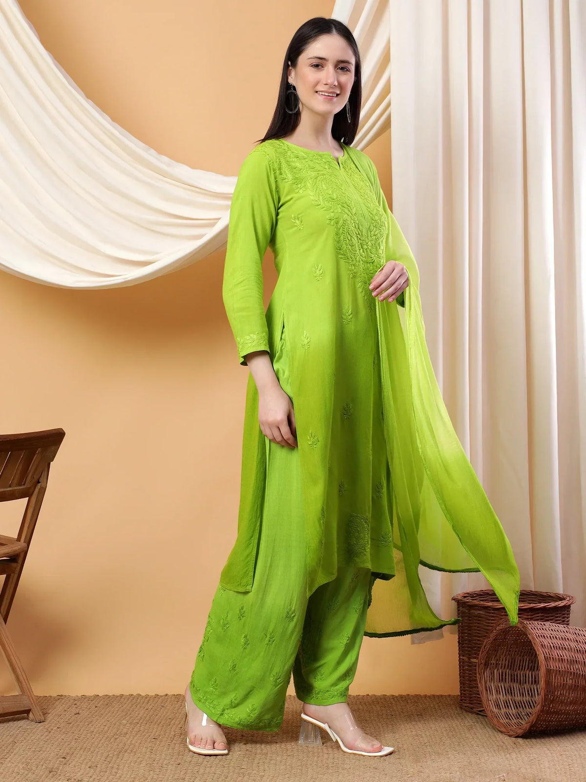 Meher Chikankari Ombre Rayon Co-ord Set (Green)
