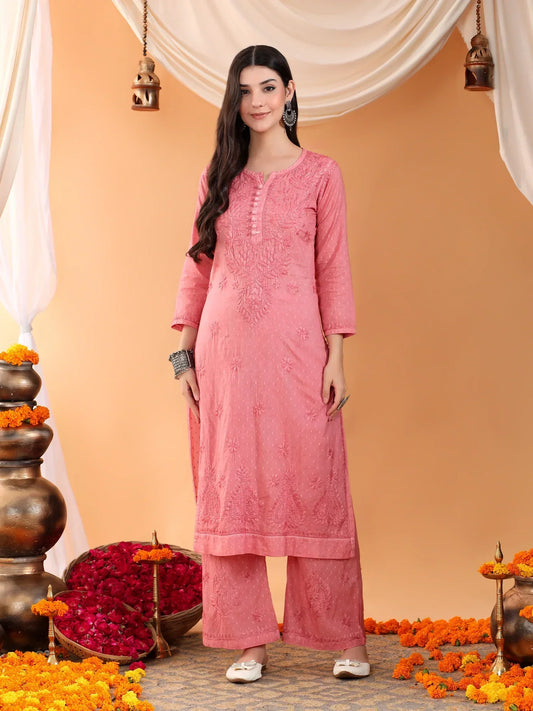 Priya Chikankari Kurta Palazzo Cotton Co-ord Set (Nude Coral)