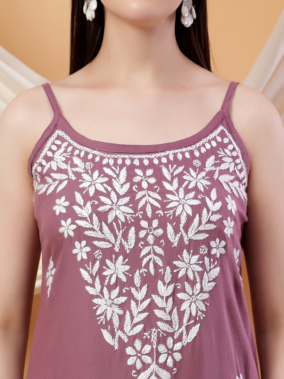 Raha Chikankari Strappy Rayon Co-ord Set (Mauve)
