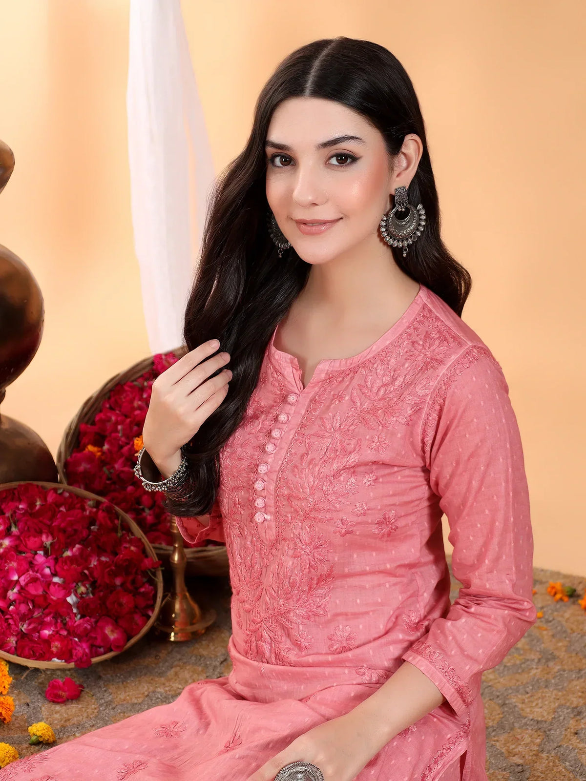 Priya Chikankari Kurta Palazzo Cotton Co-ord Set (Nude Coral)