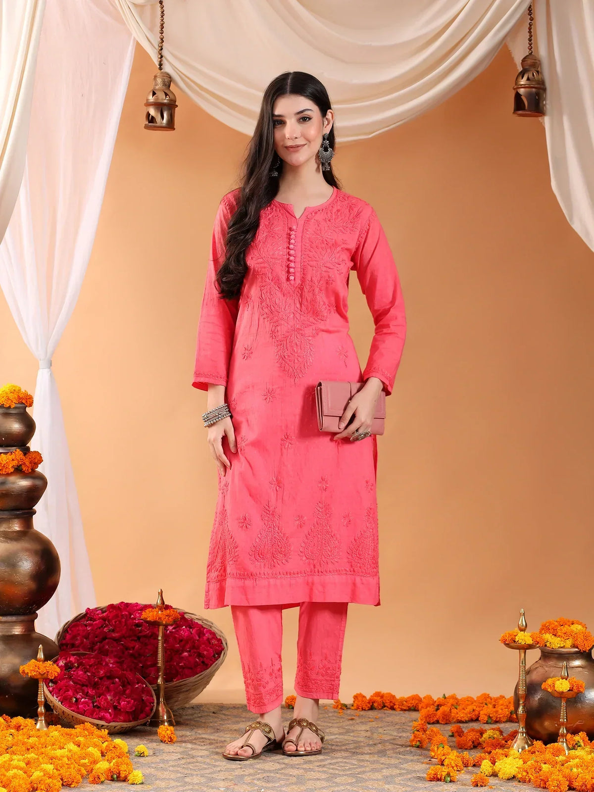Ananya Chikankari Kurta Pant Cotton Co-ord Set (Coral)