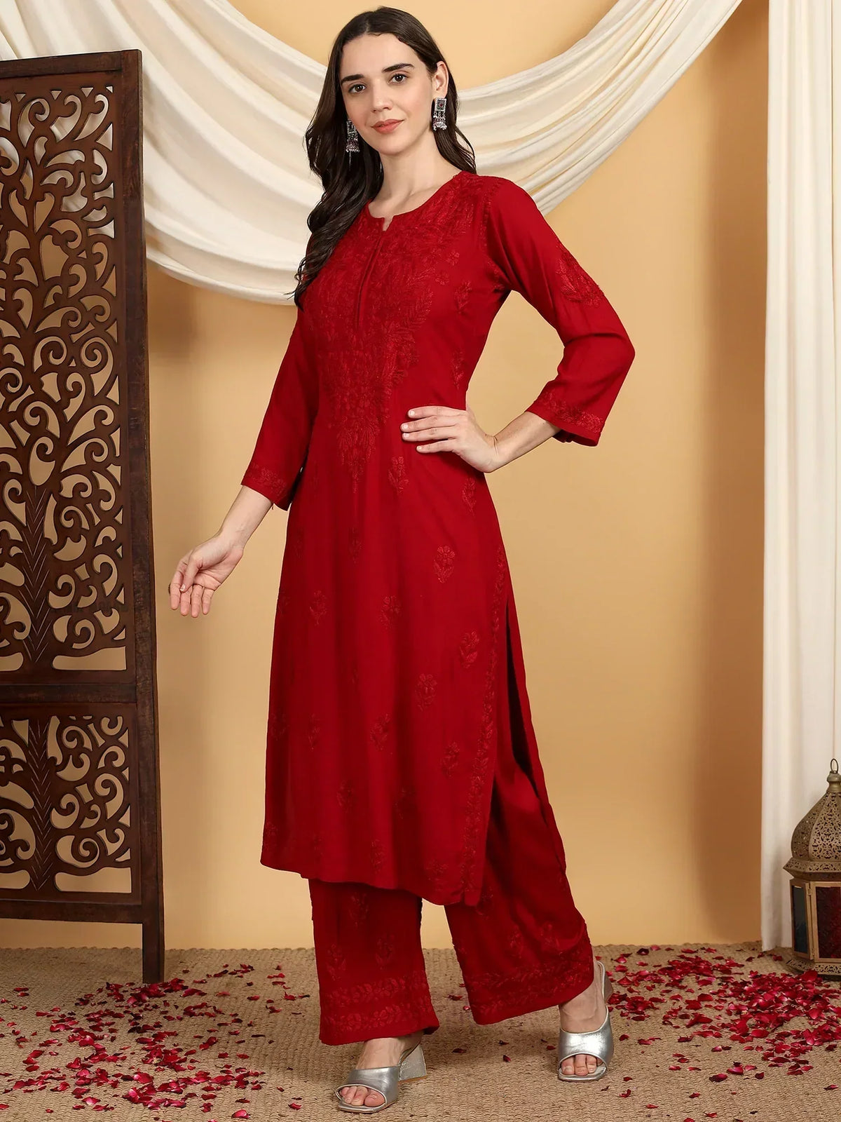 Faiza Chikankari Rayon Co-ord Set (Maroon)