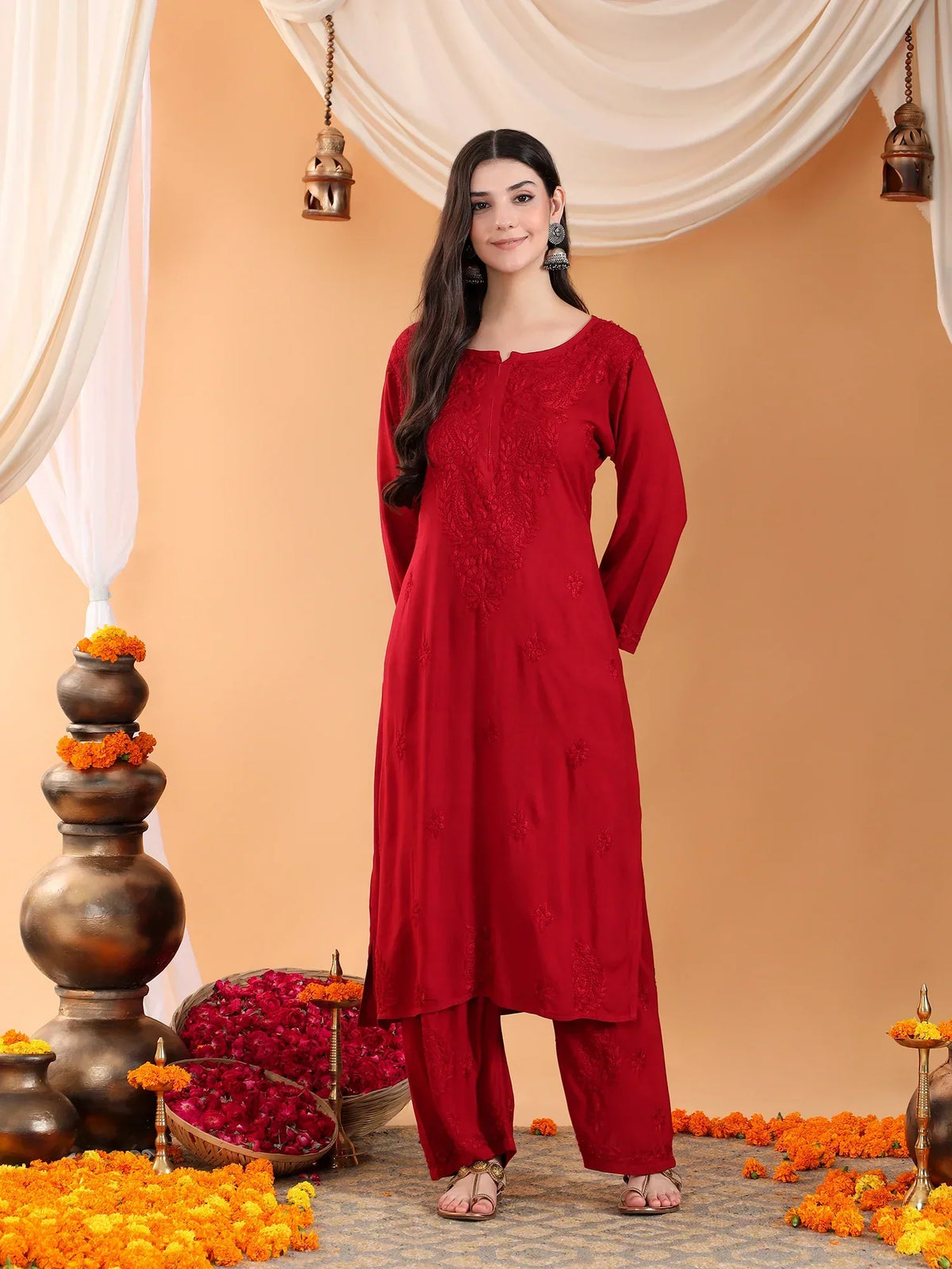 Maryam Chikankari Rayon Co-ord Set (Maroon)