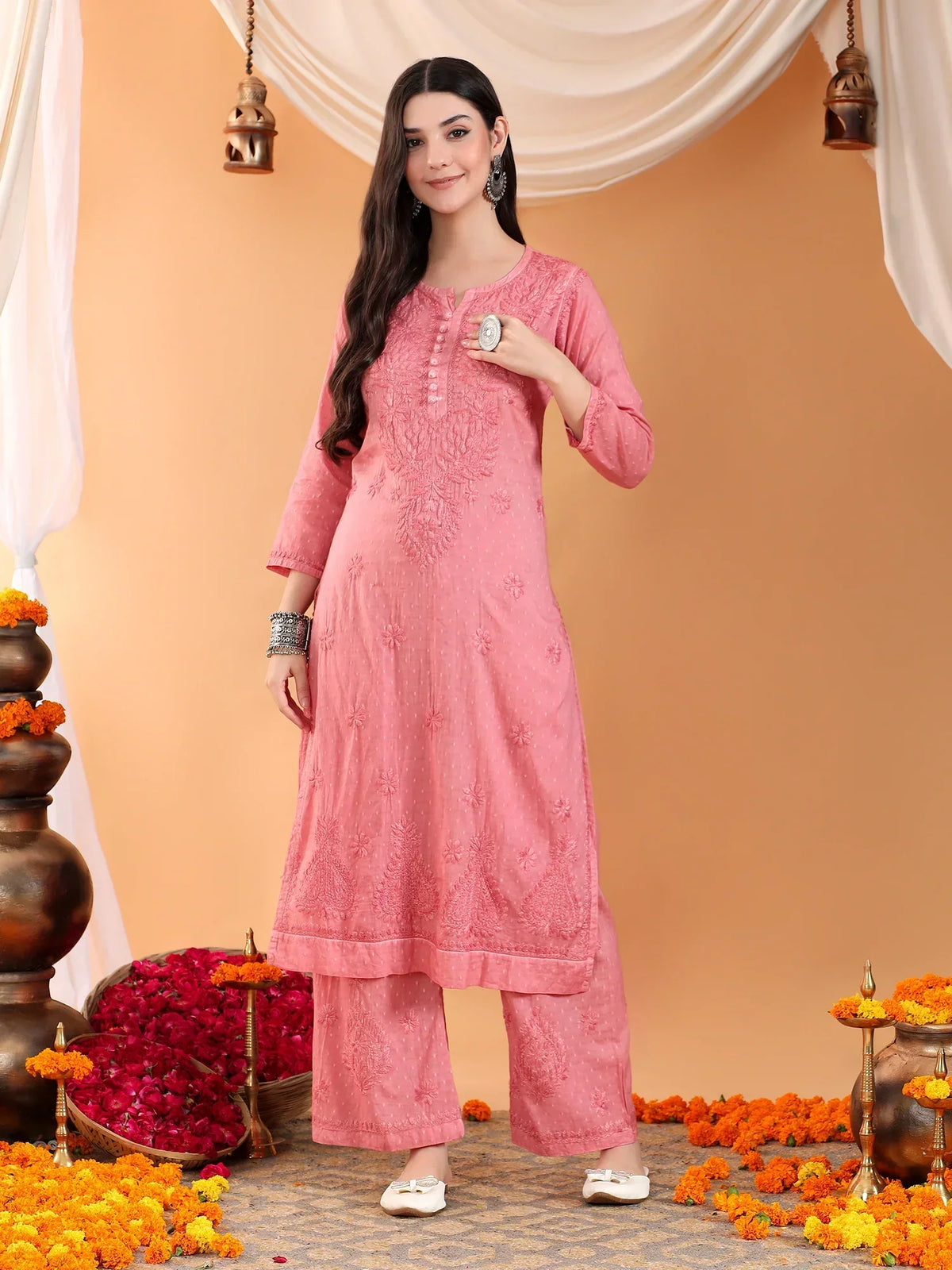 Priya Chikankari Kurta Palazzo Cotton Co-ord Set (Nude Coral)
