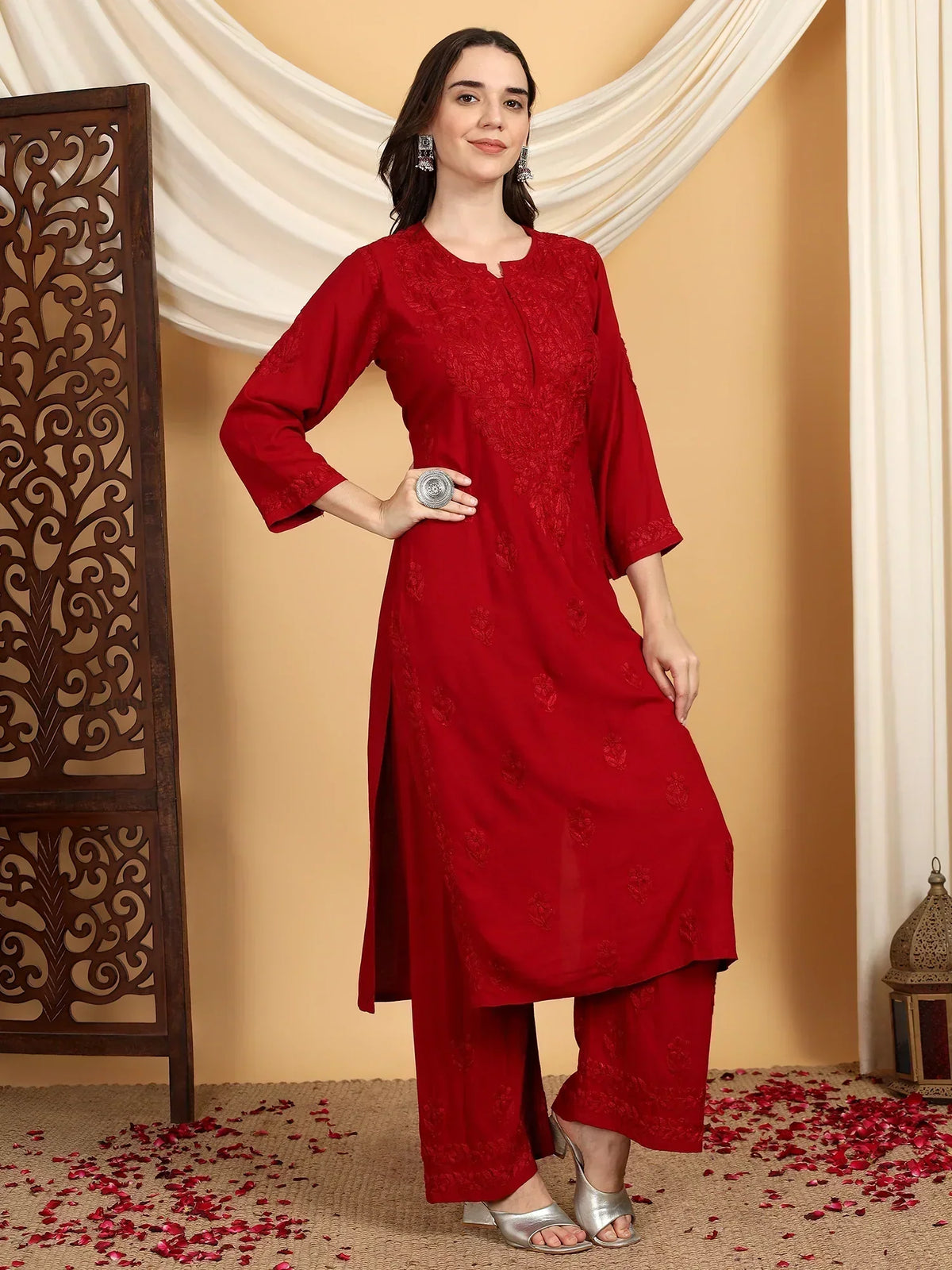 Faiza Chikankari Rayon Co-ord Set (Maroon)