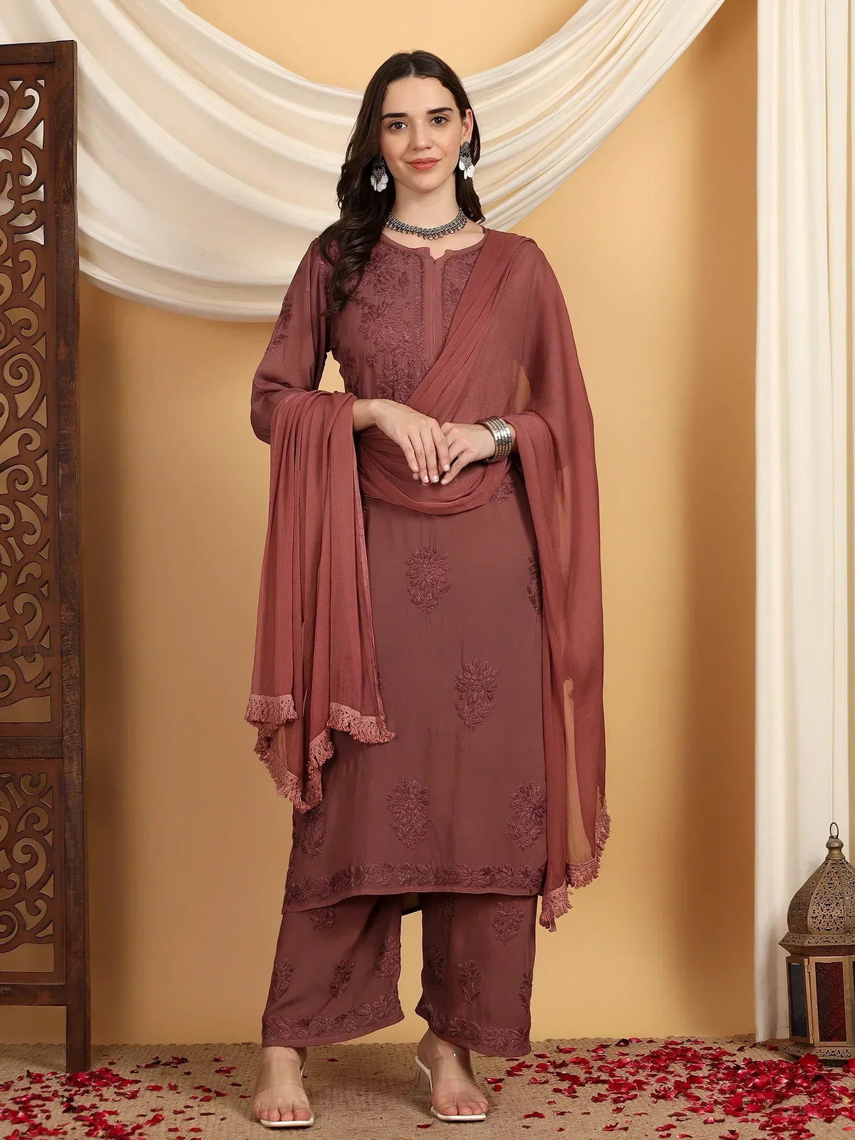 Farha Chikankari Premium Modal Co-ord Set (Brown)