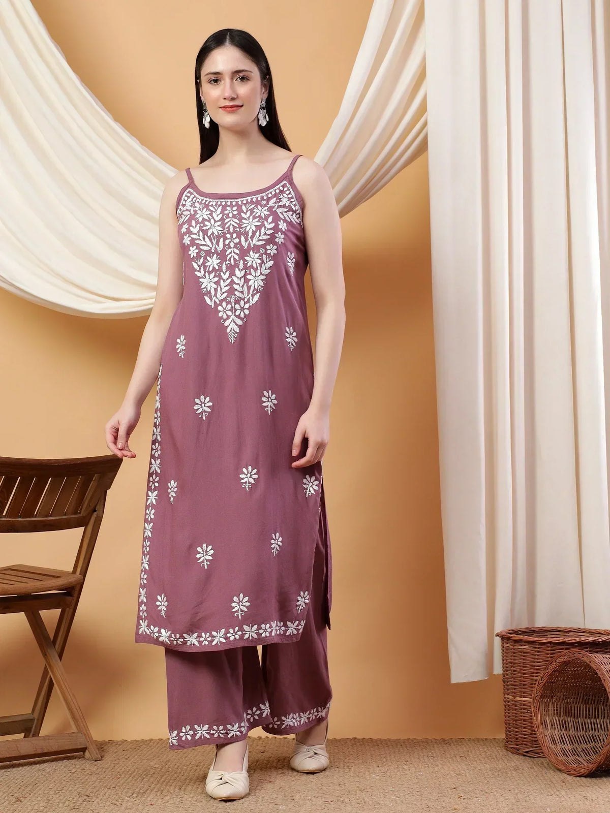 Raha Chikankari Strappy Rayon Co-ord Set (Mauve)
