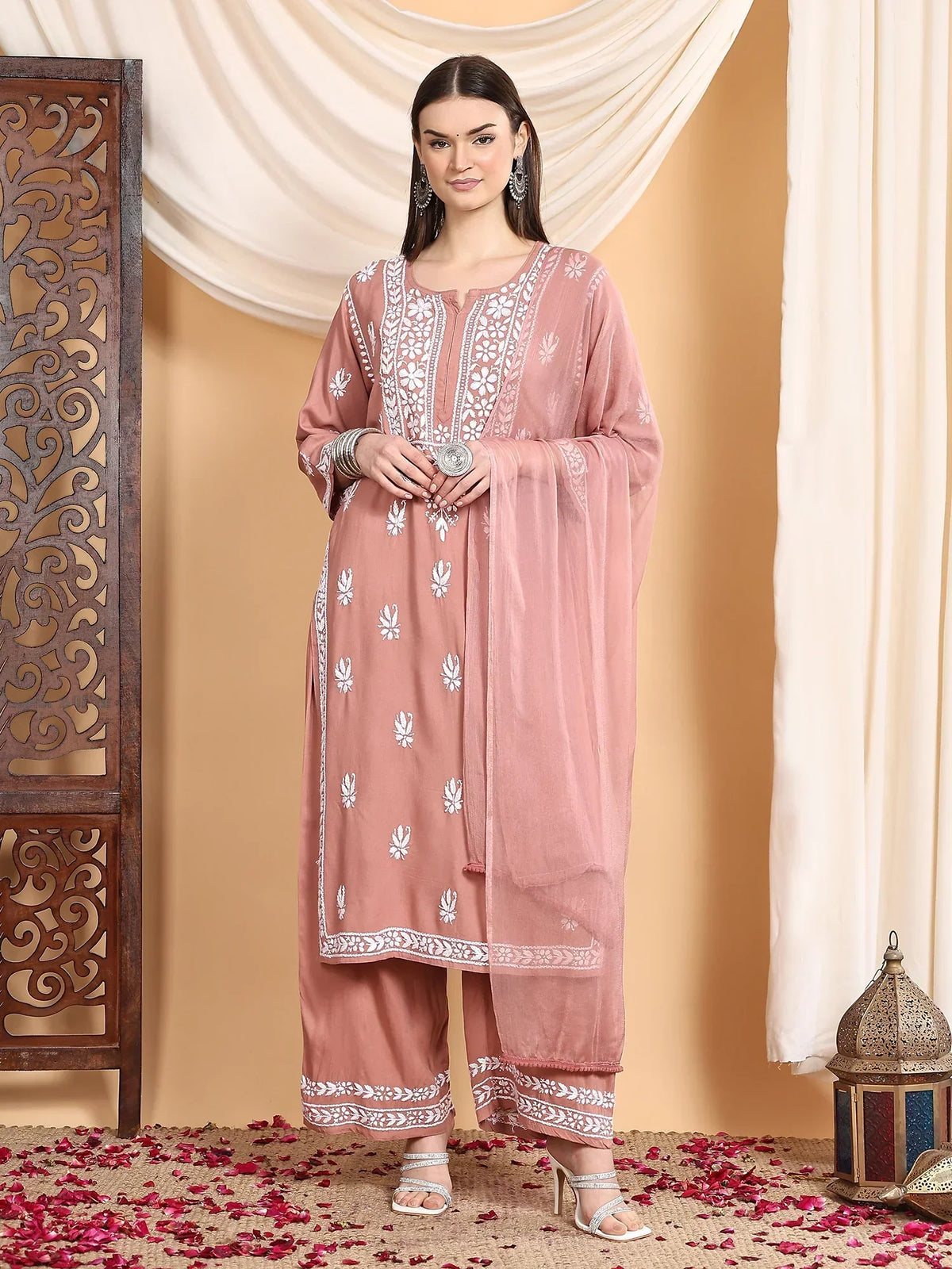 Haya Chikankari Rayon Co-ord Set (Nude Coral)