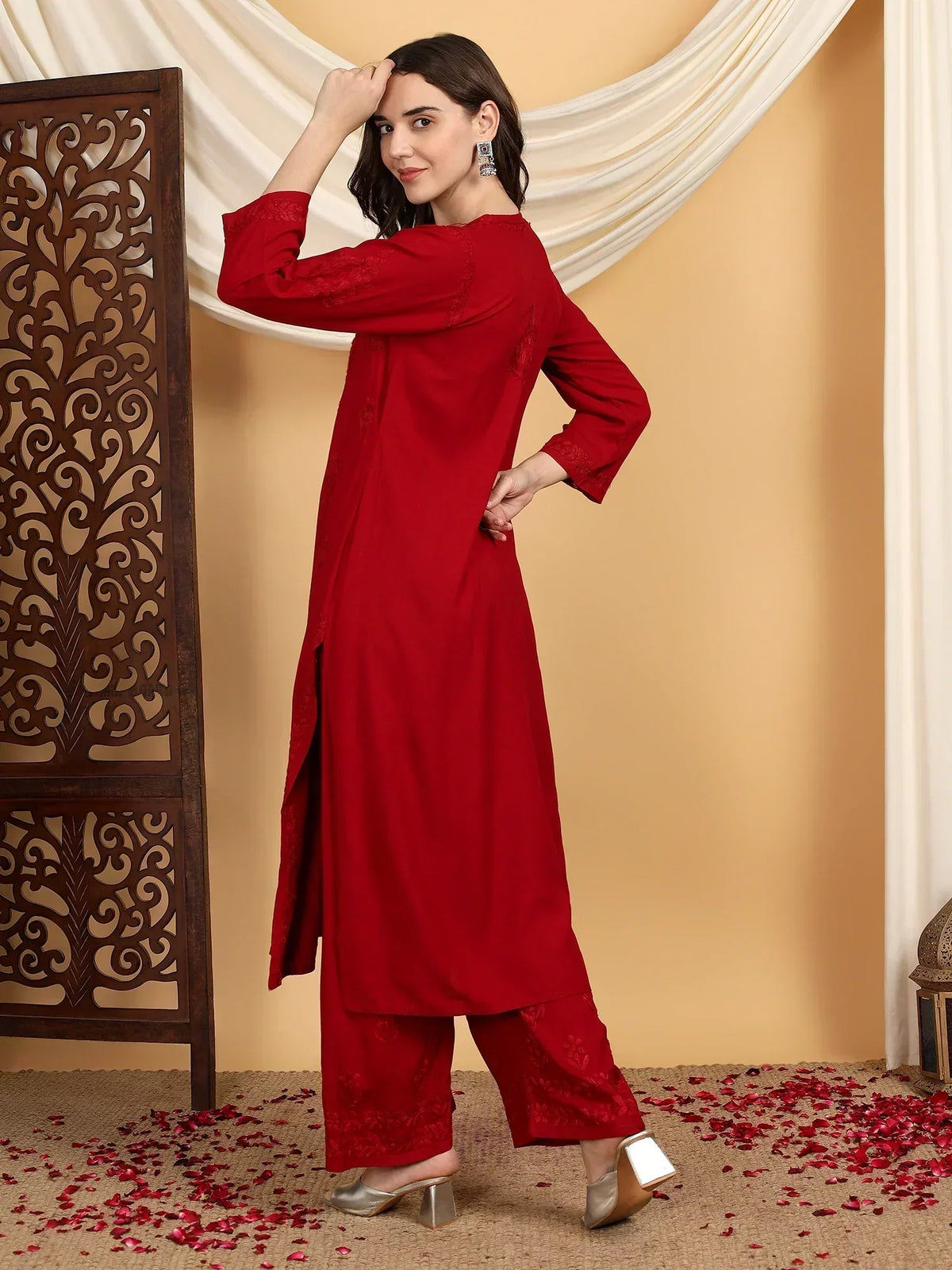 Faiza Chikankari Rayon Co-ord Set (Maroon)