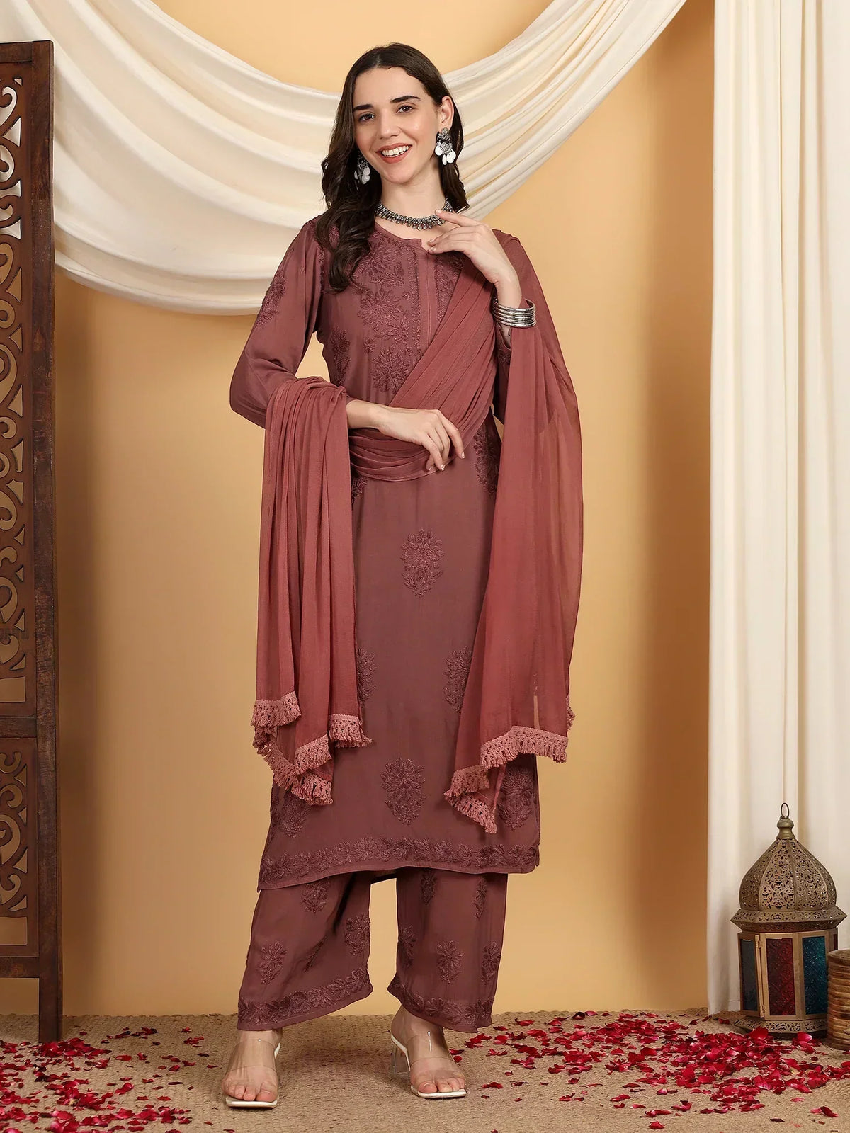 Farha Chikankari Premium Modal Co-ord Set (Brown)