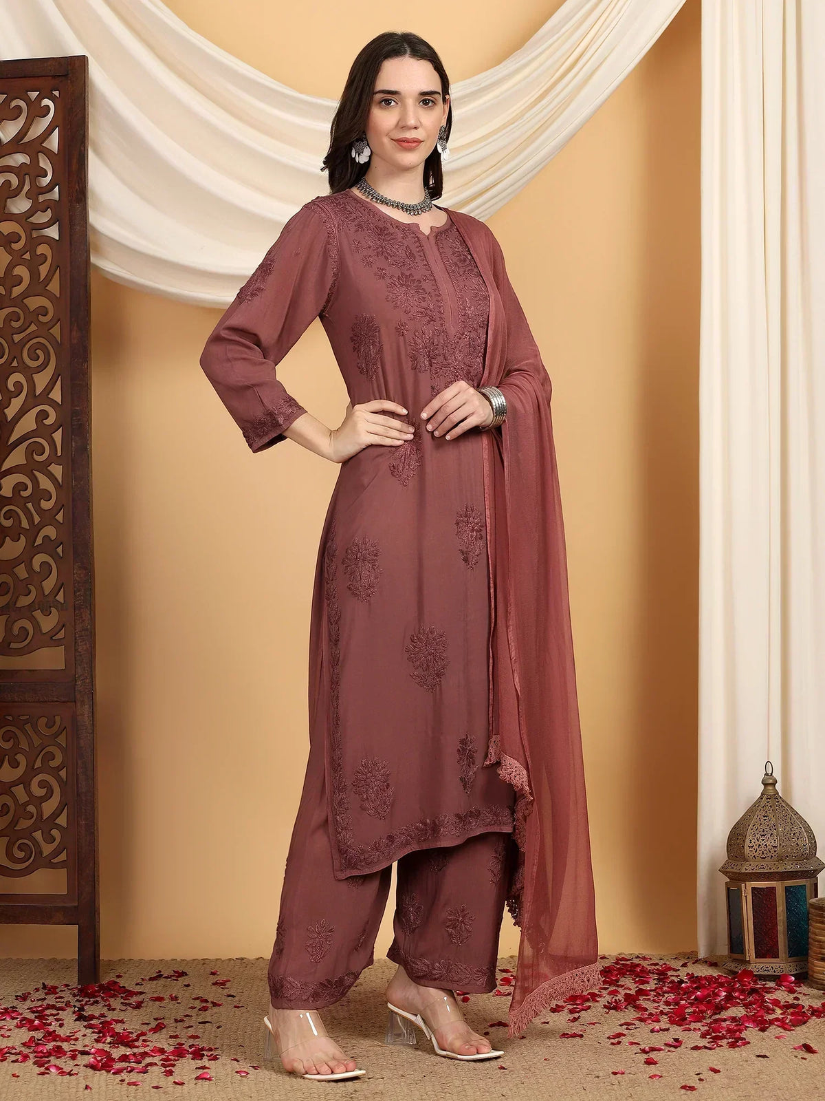Farha Chikankari Premium Modal Co-ord Set (Brown)
