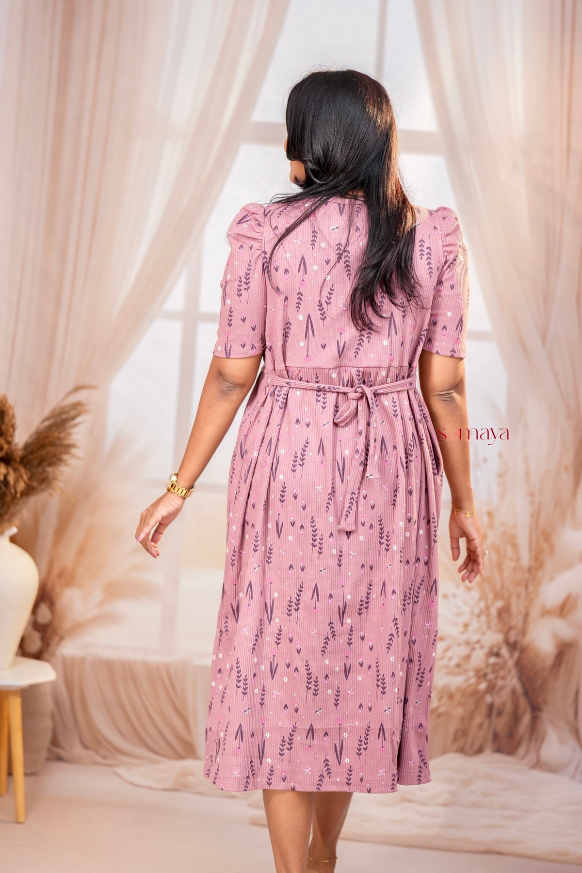 Midi Dusty Pink Ribbed Thick Weight Dress  ( cotton fabric )