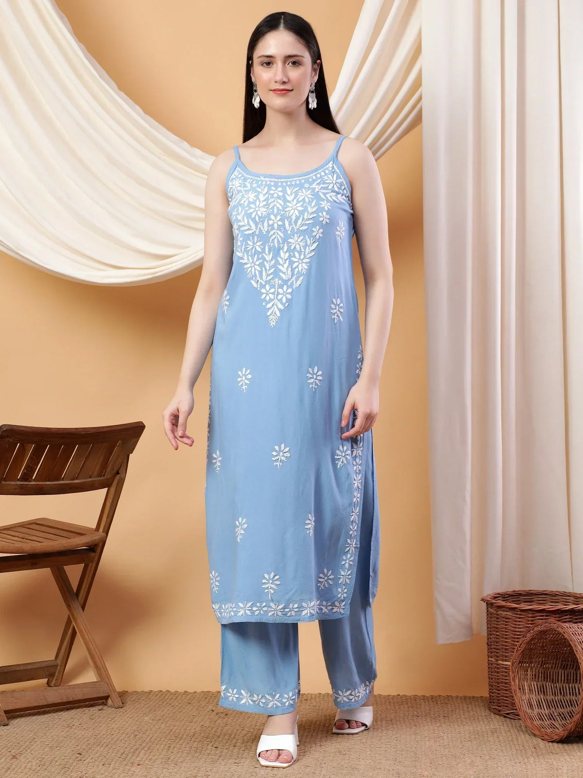 Raha Chikankari Strappy Rayon Co-ord Set (Powder Blue)