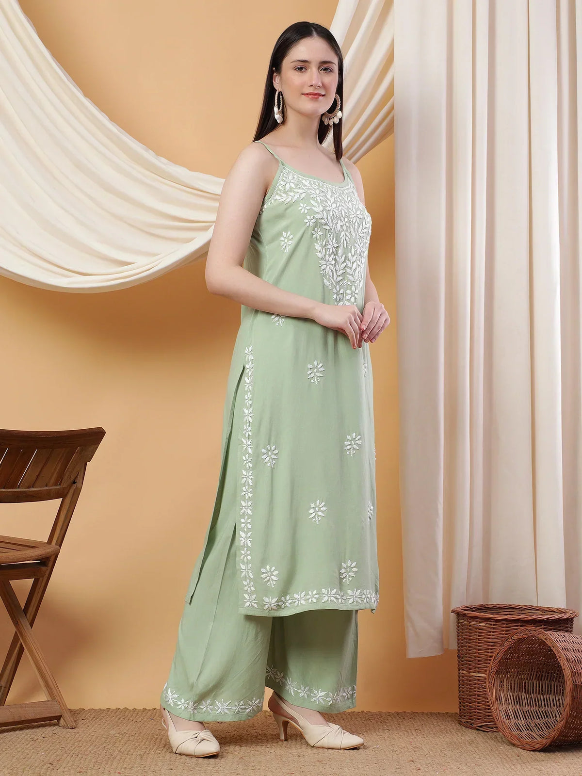 Raha Chikankari Strappy Rayon Co-ord Set (Pastel Green)