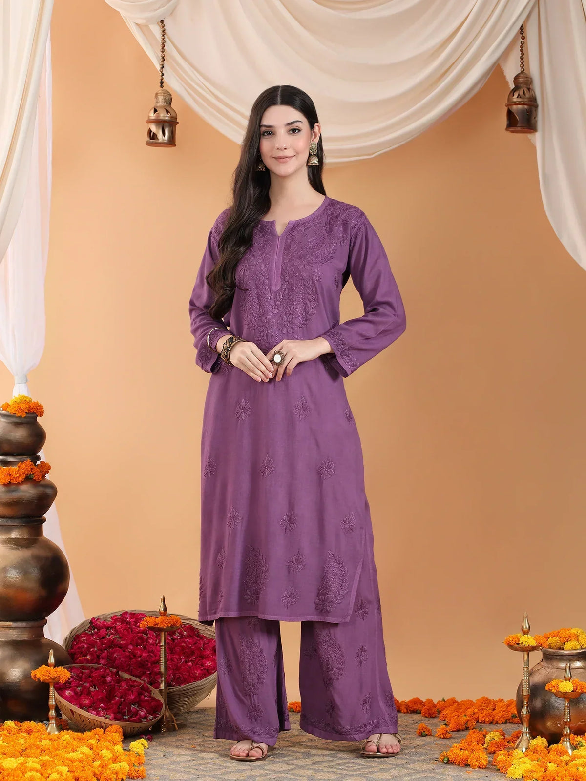 Maryam Chikankari Rayon Co-ord Set (Mauve)