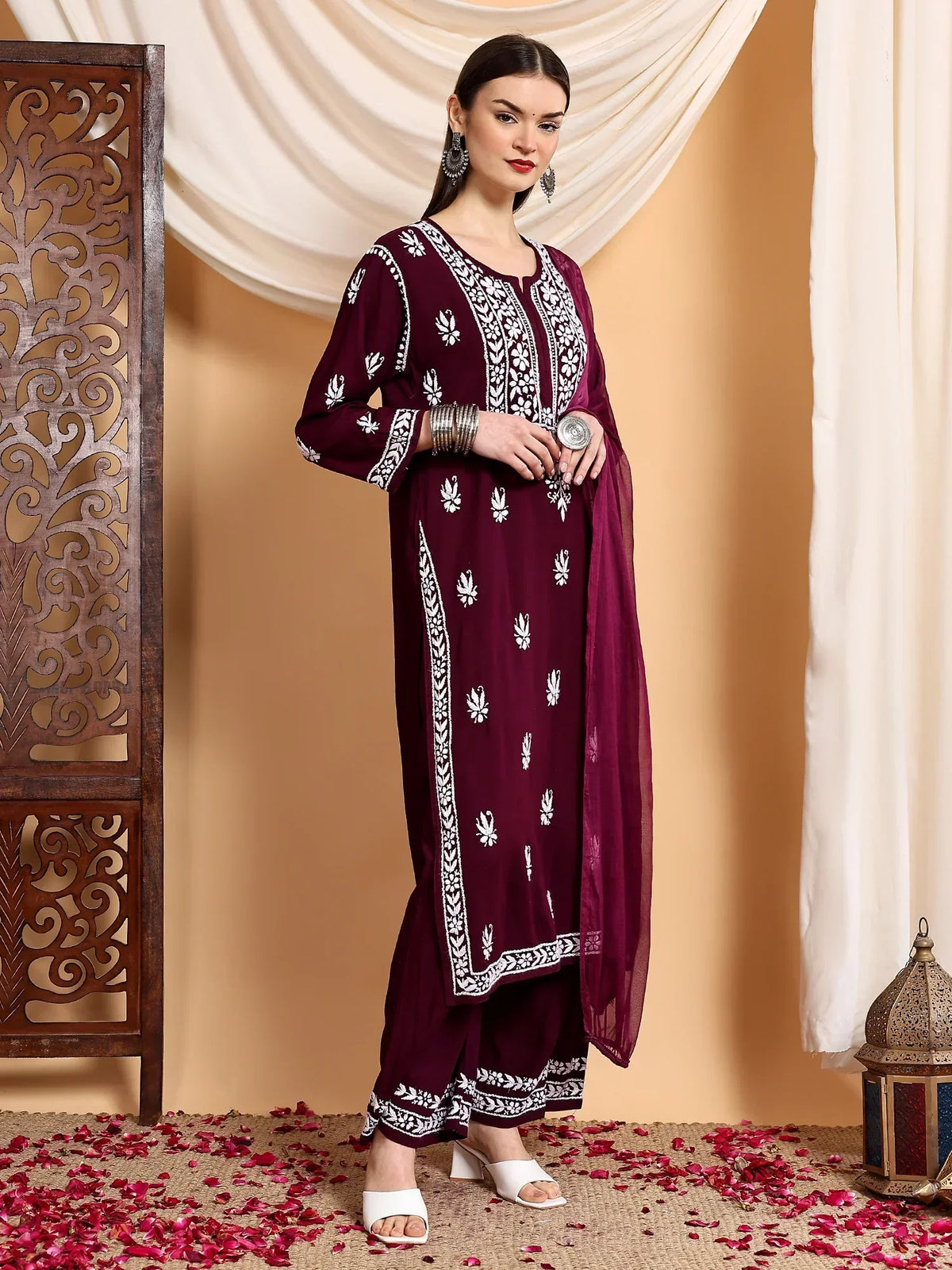 Haya Chikankari Rayon Co-ord Set (Wine)