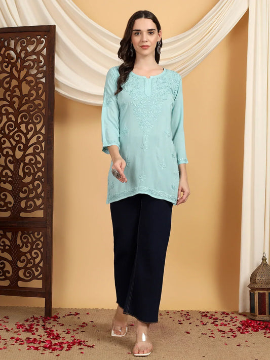 Misha Chikankari Modal Short Kurti (Spanish Green)