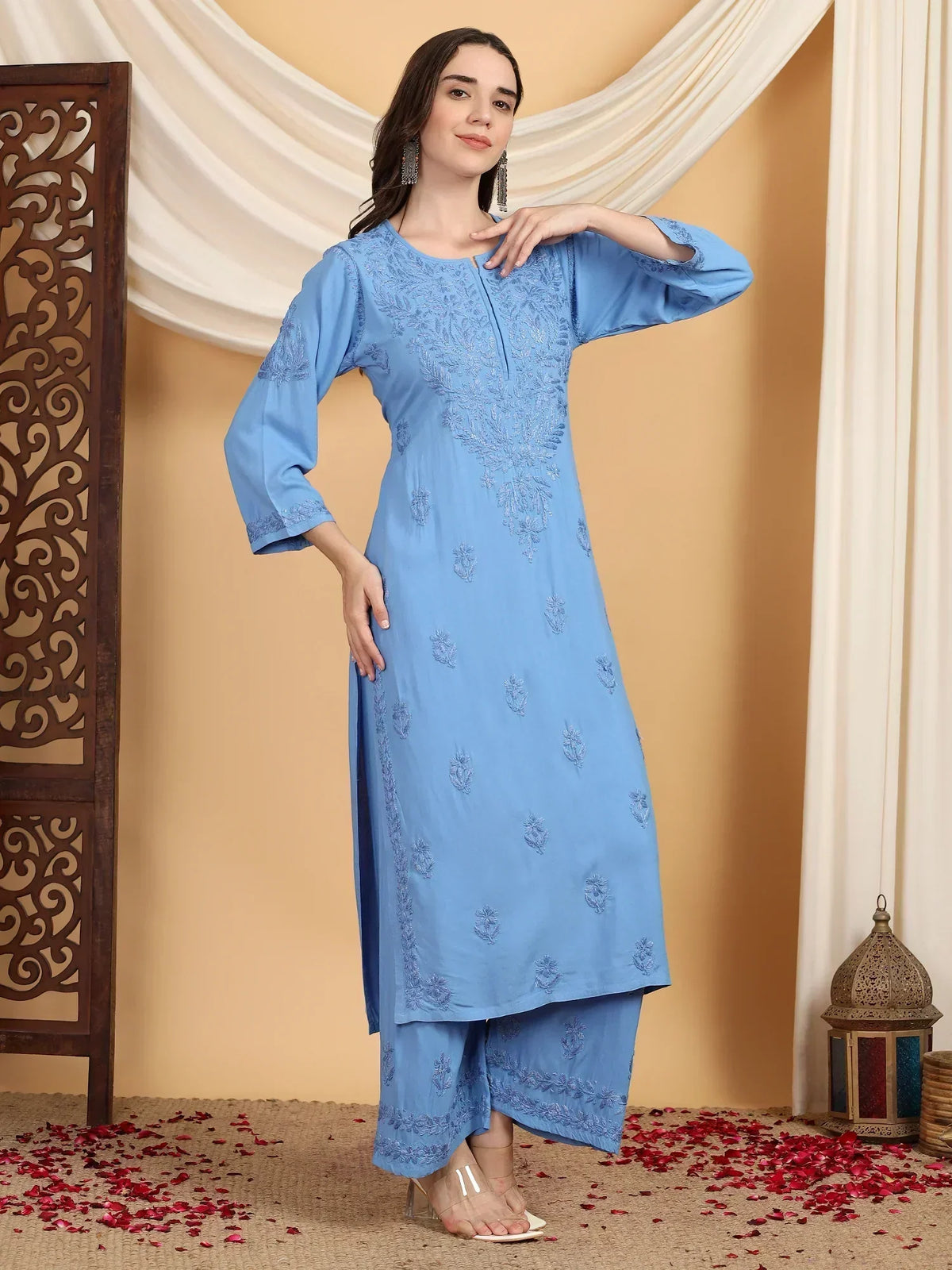 Faiza Chikankari Rayon Co-ord Set (Powder Blue)