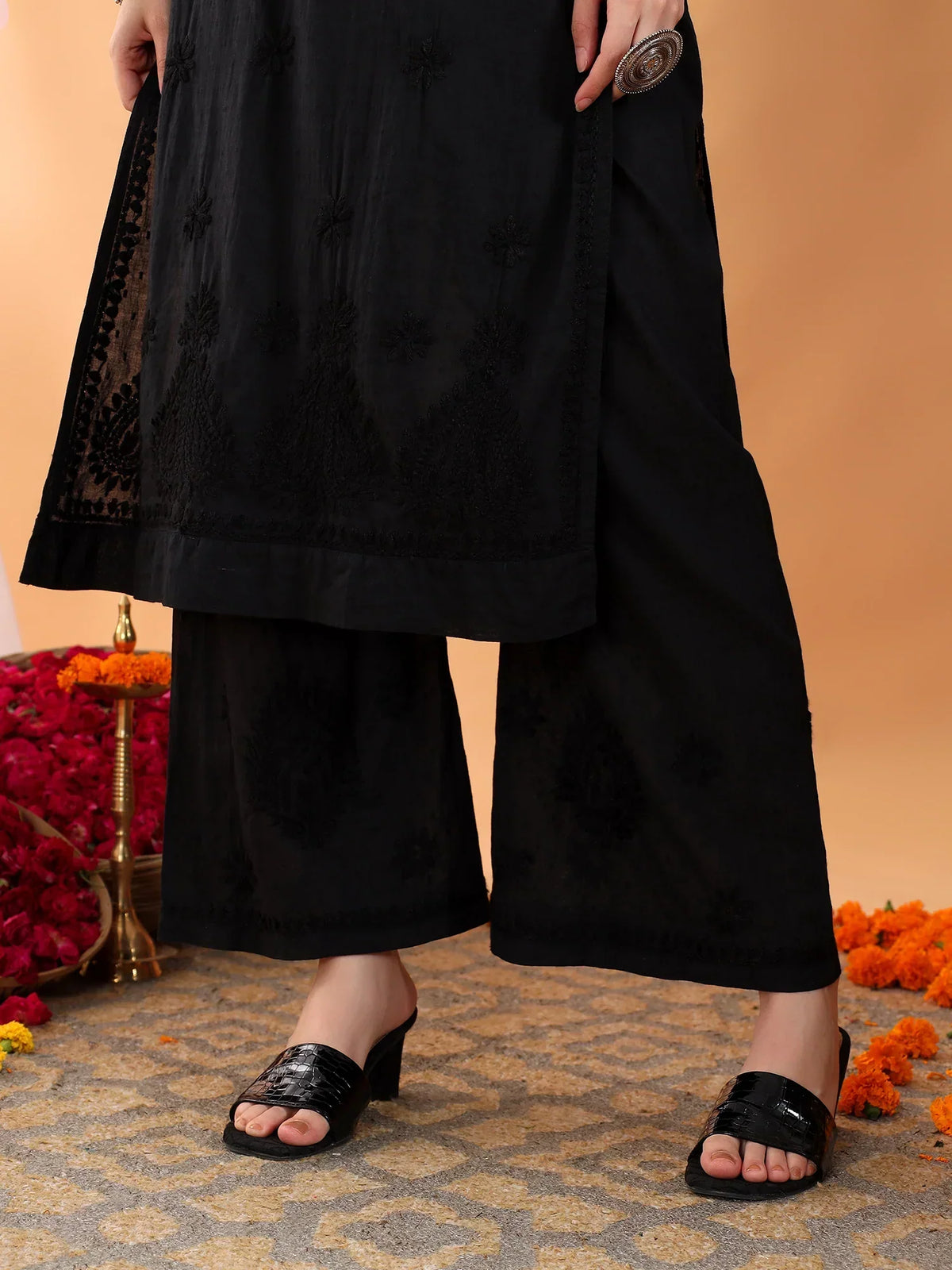 Priya Chikankari Kurta Palazzo Cotton Co-ord Set (Black)